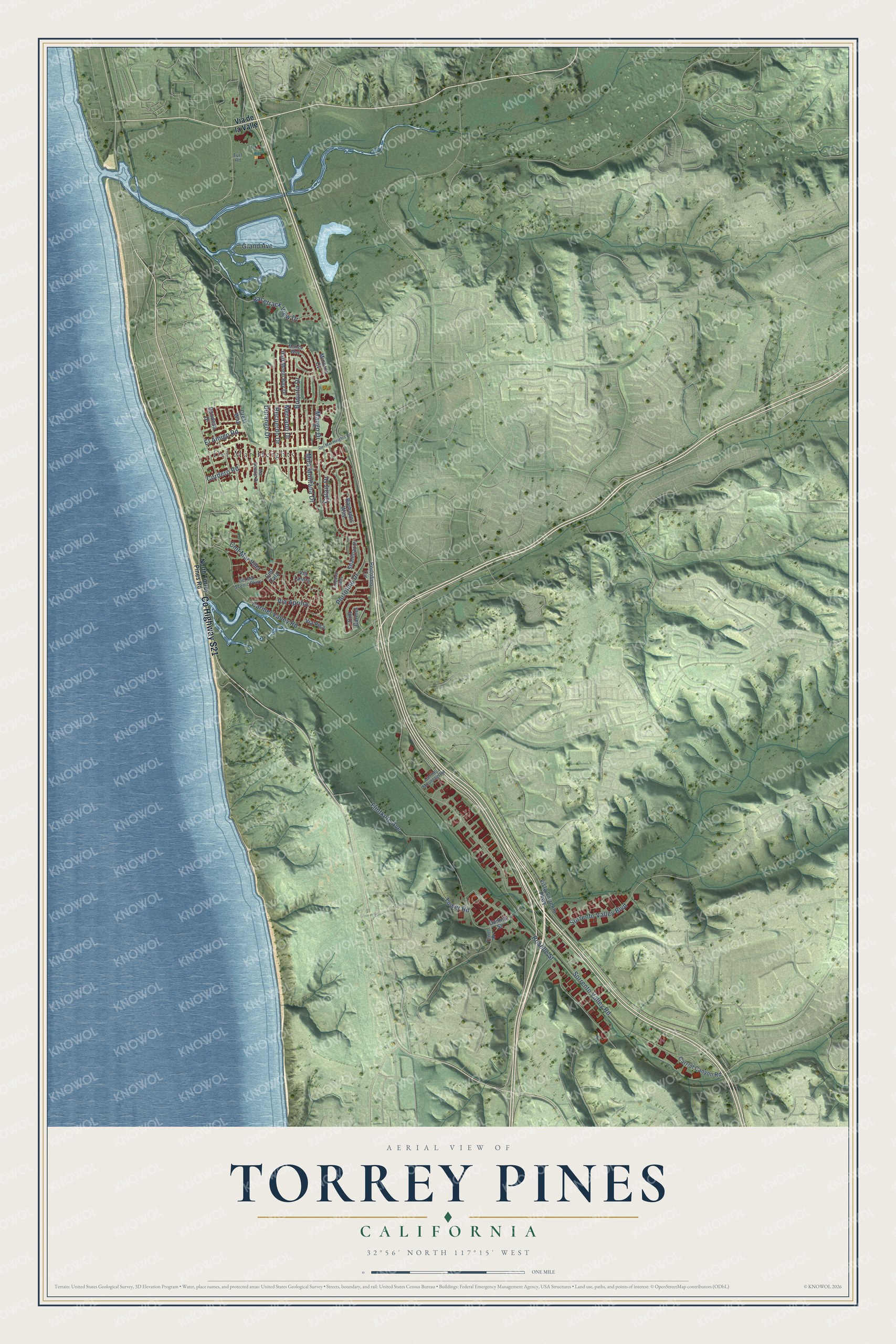 Full map of Torrey Pines, California, with red buildings, printed street names and the land around them