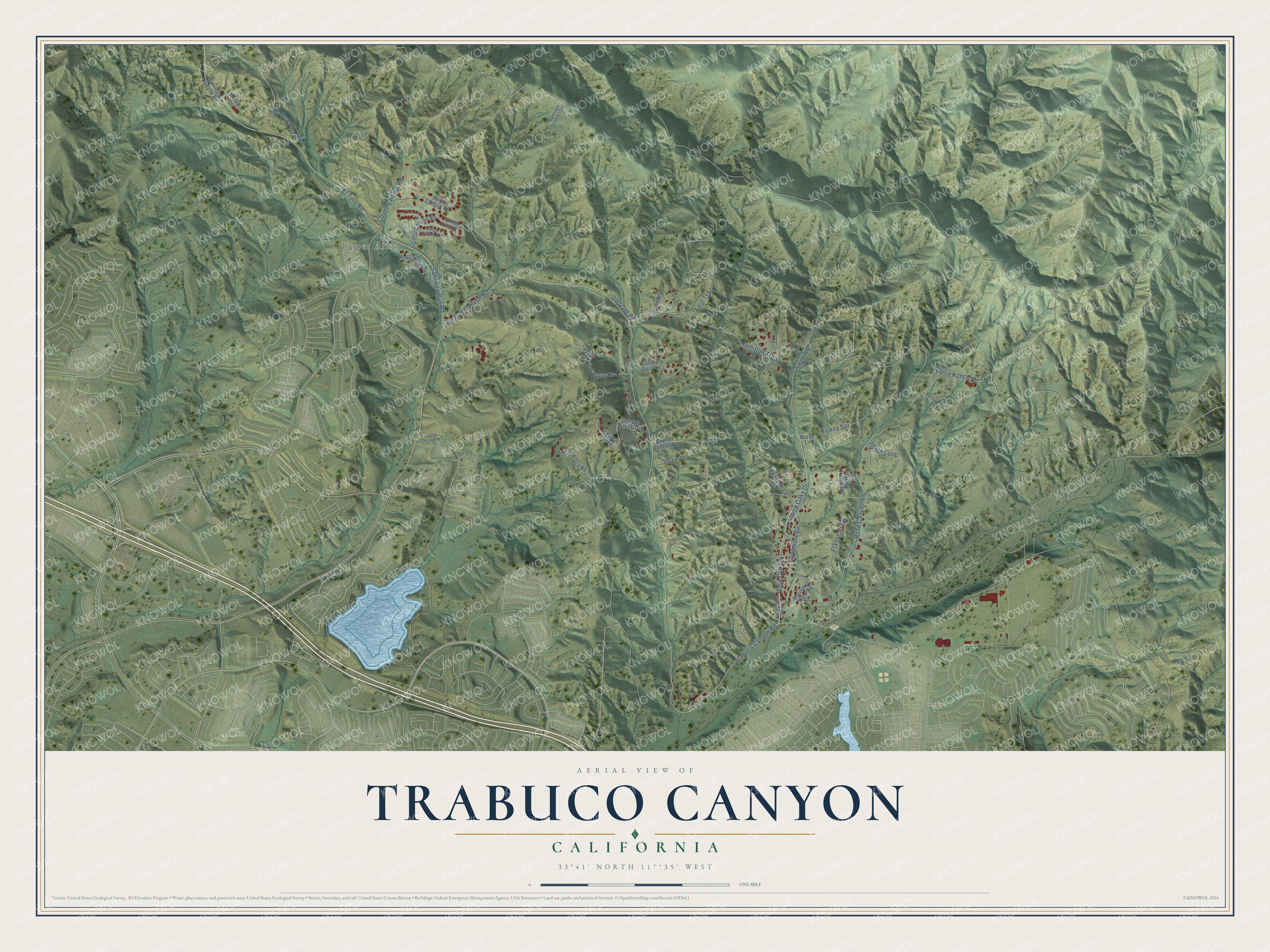 Full map of Trabuco Canyon, California, with red buildings, printed street names and the land around them