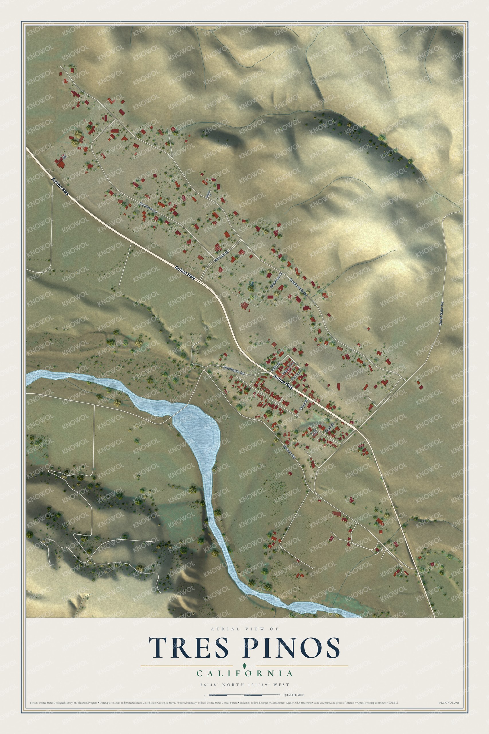 Full map of Tres Pinos, California, with red buildings, printed street names and the land around them