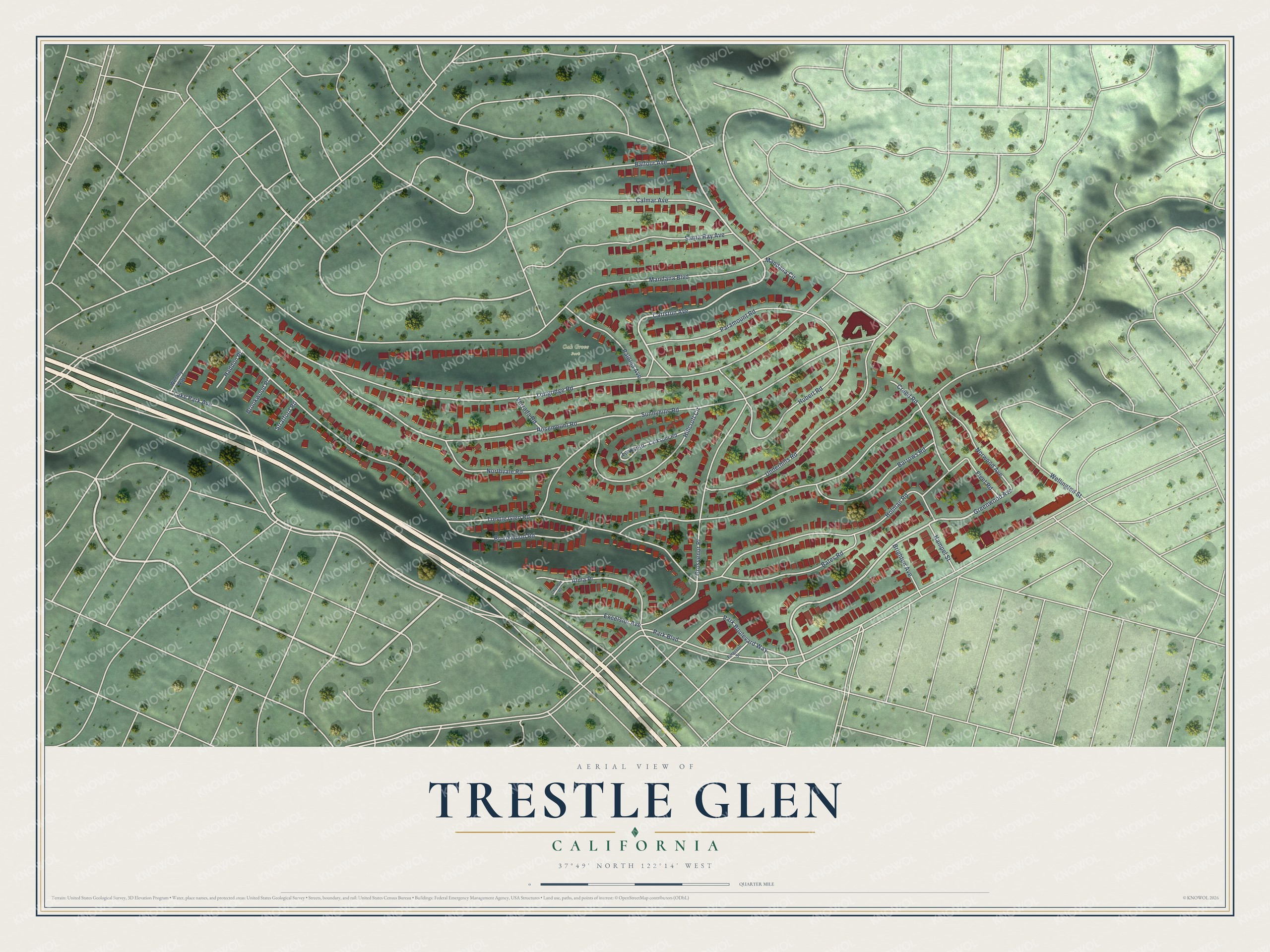 Full map of Trestle Glen, California, with red buildings, printed street names and the land around them
