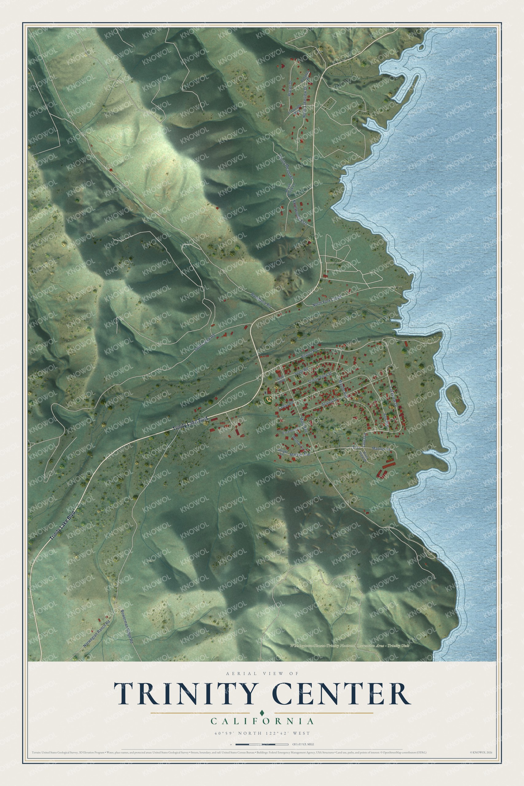 Full map of Trinity Center, California, with red buildings, printed street names and the land around them
