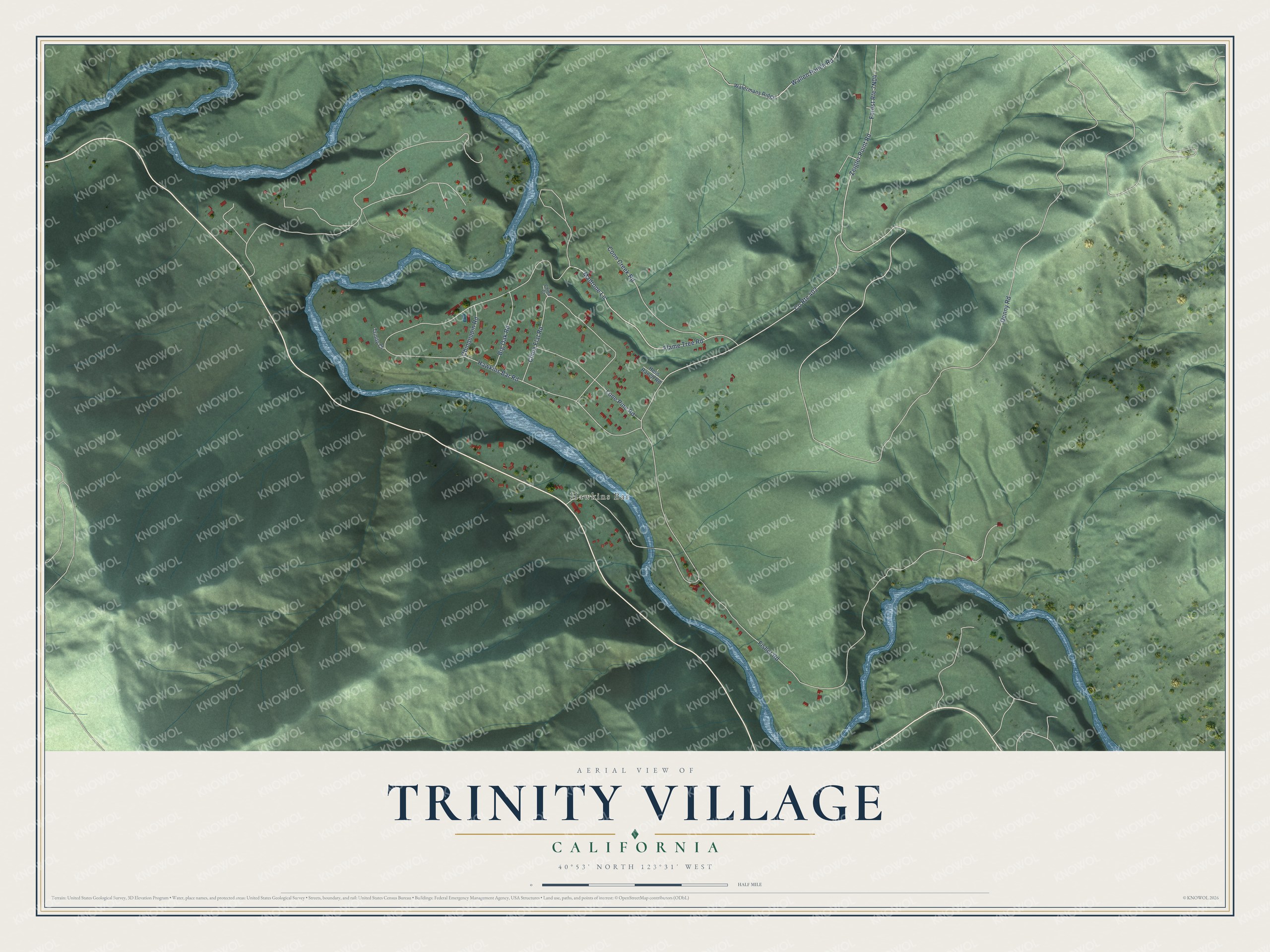 Full map of Trinity Village, California, with red buildings, printed street names and the land around them