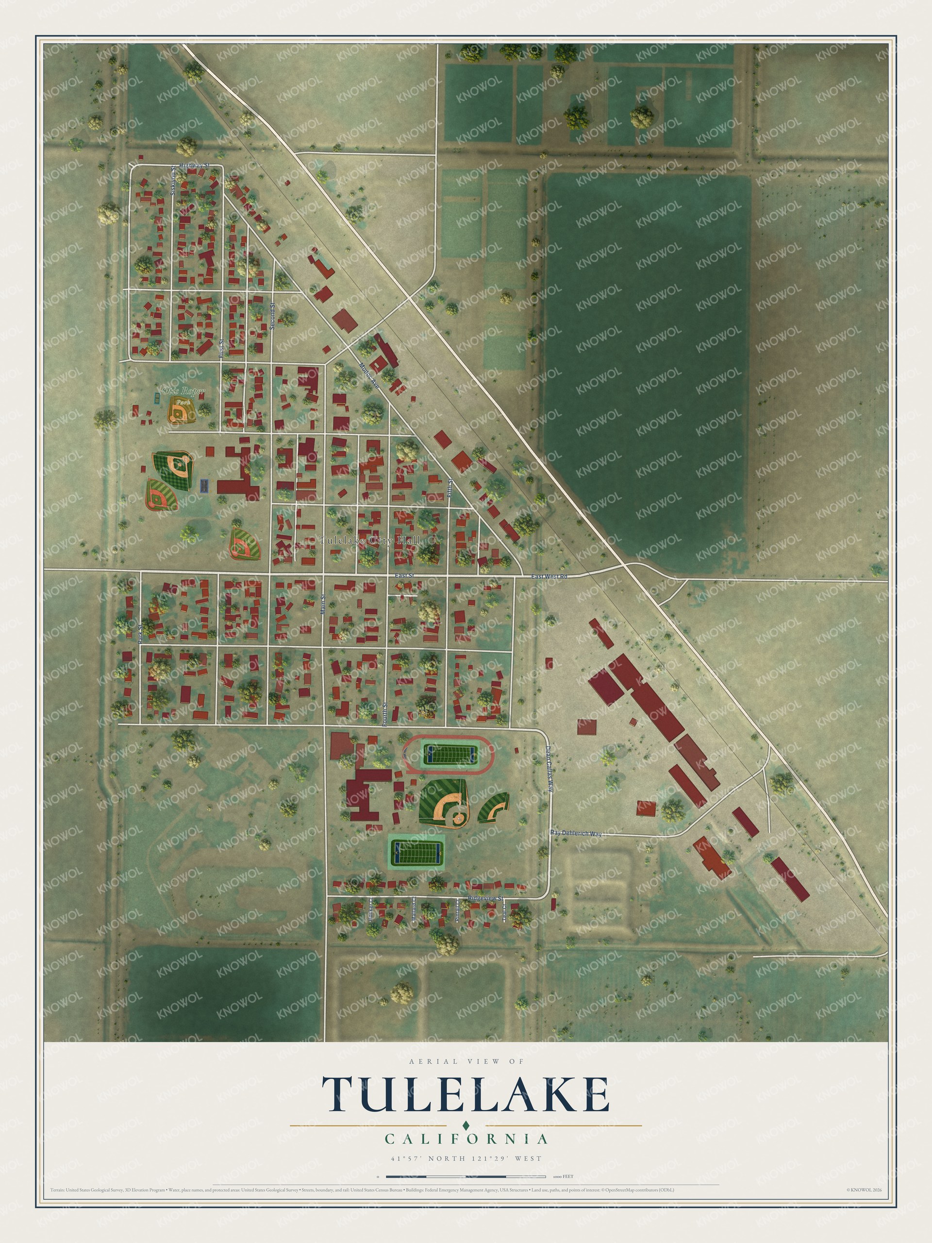 Full map of Tulelake, California, with red buildings, printed street names and the land around them