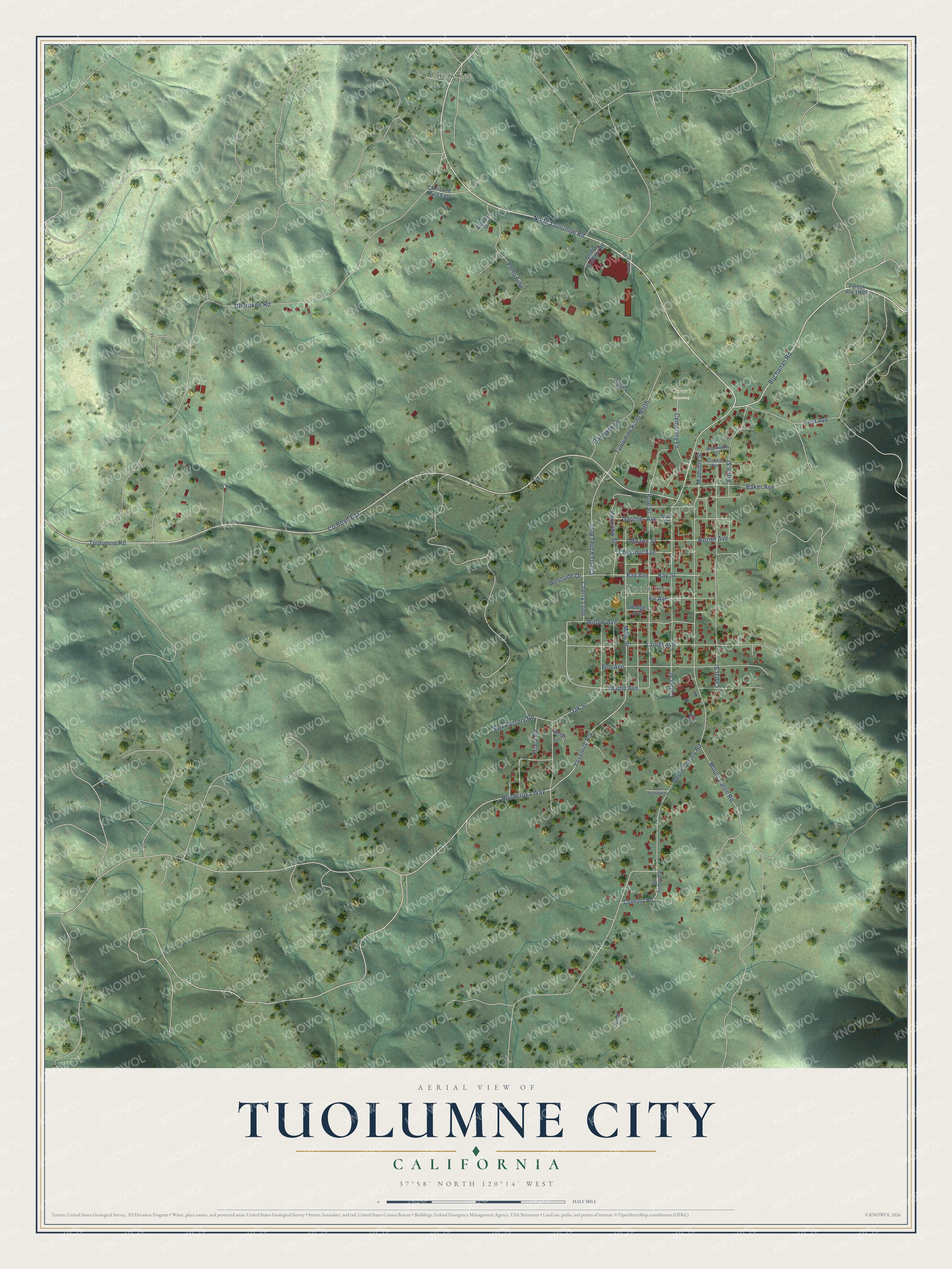 Full map of Tuolumne City, California, with red buildings, printed street names and the land around them