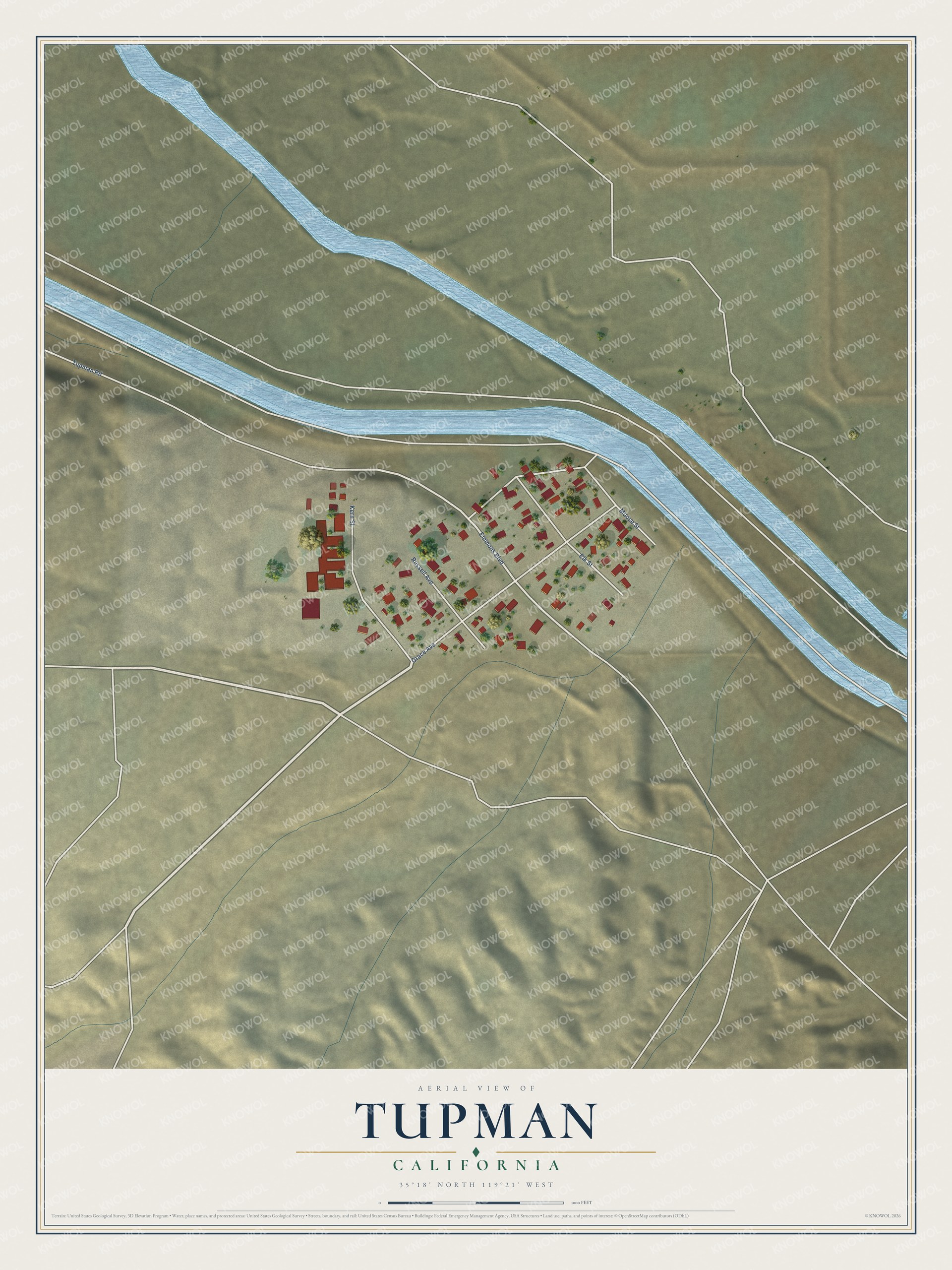 Full map of Tupman, California, with red buildings, printed street names and the land around them
