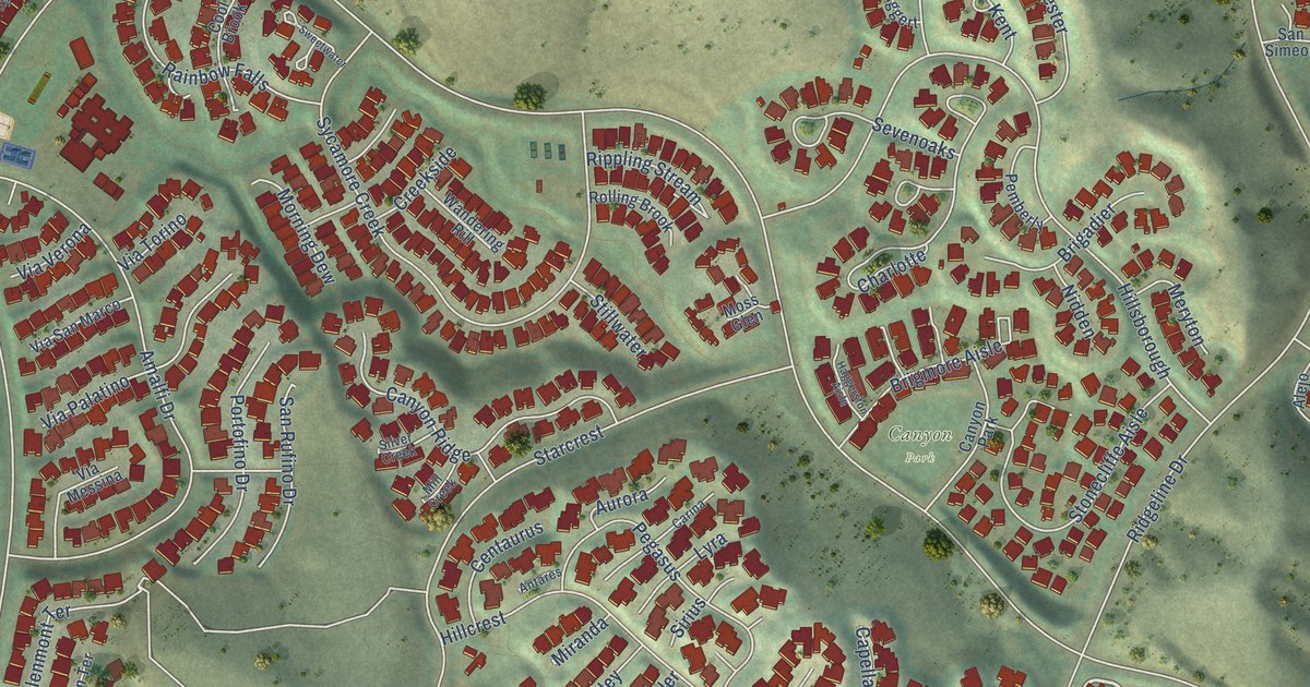 Close-up of streets and buildings in Turtle Rock, California