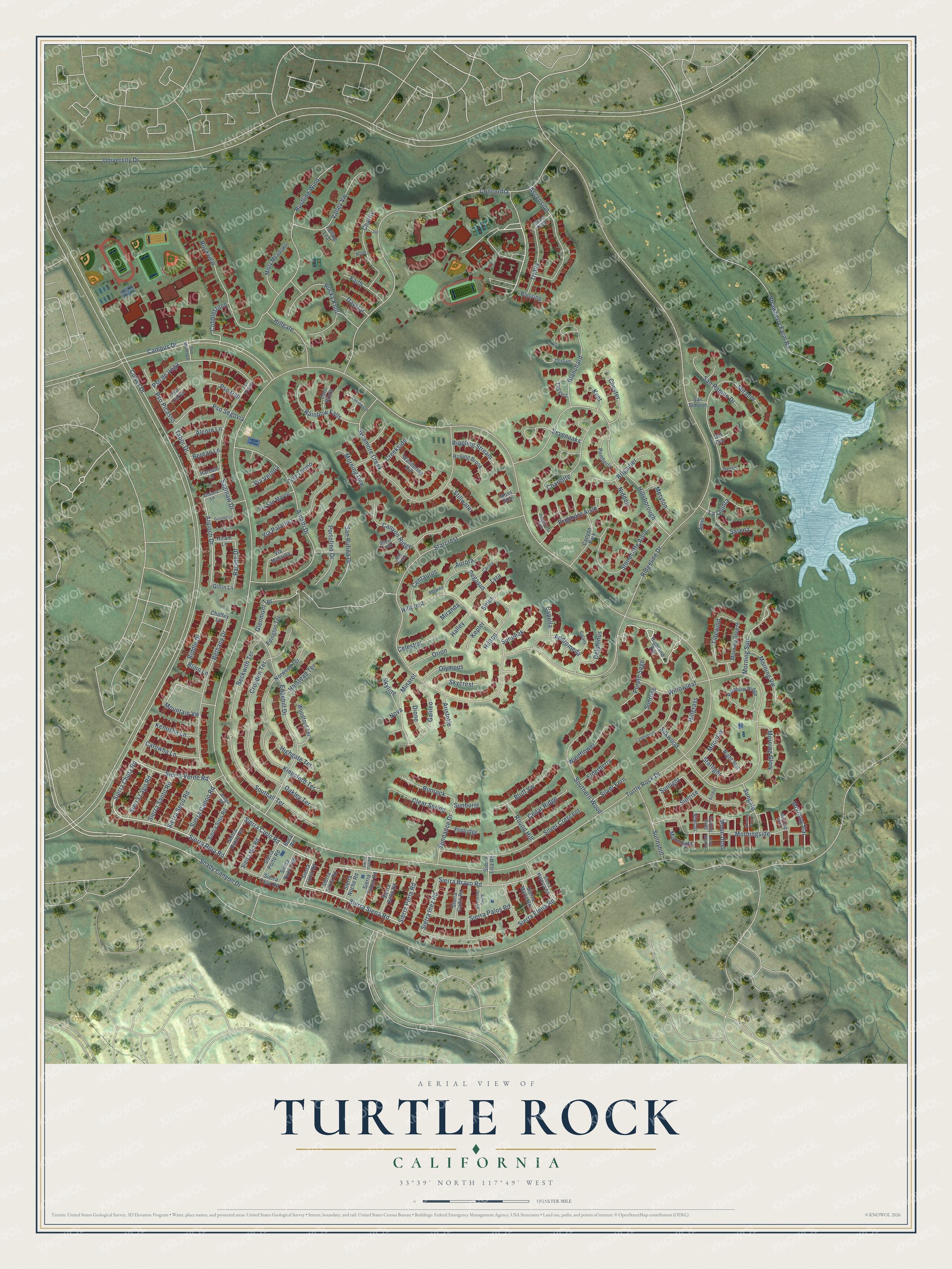 Full map of Turtle Rock, California, with red buildings, printed street names and the land around them