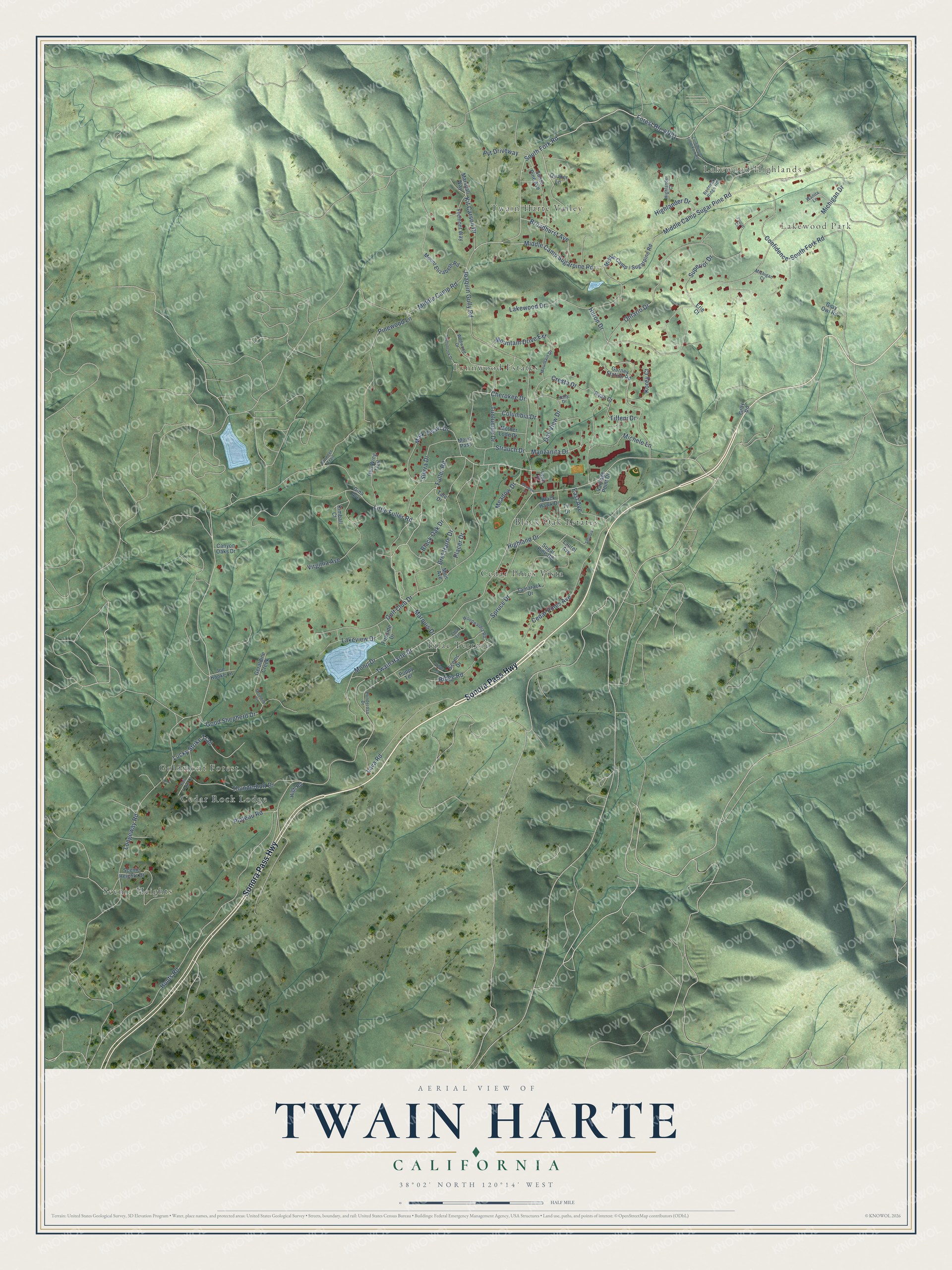 Full map of Twain Harte, California, with red buildings, printed street names and the land around them