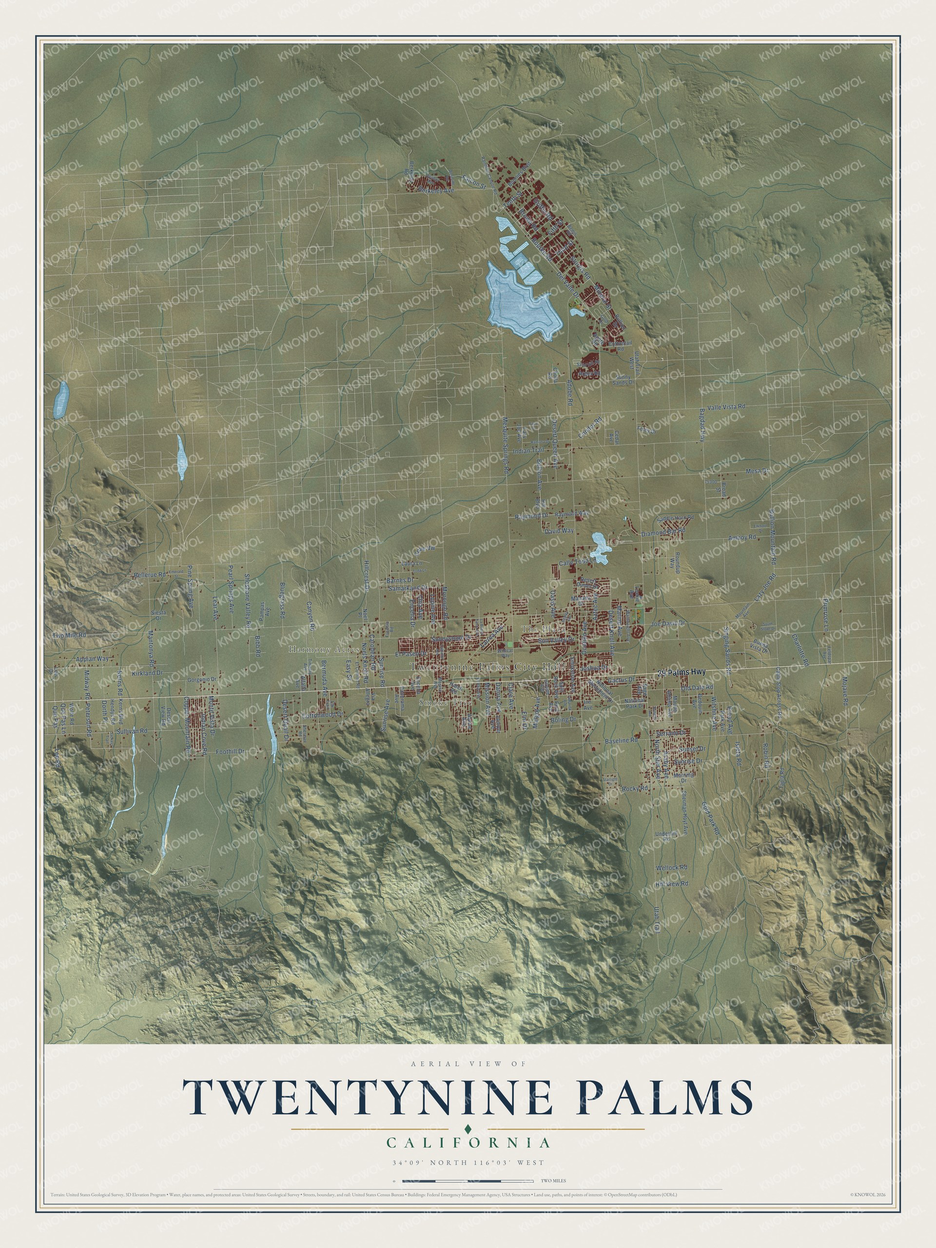 Full map of Twentynine Palms, California, with red buildings, printed street names and the land around them