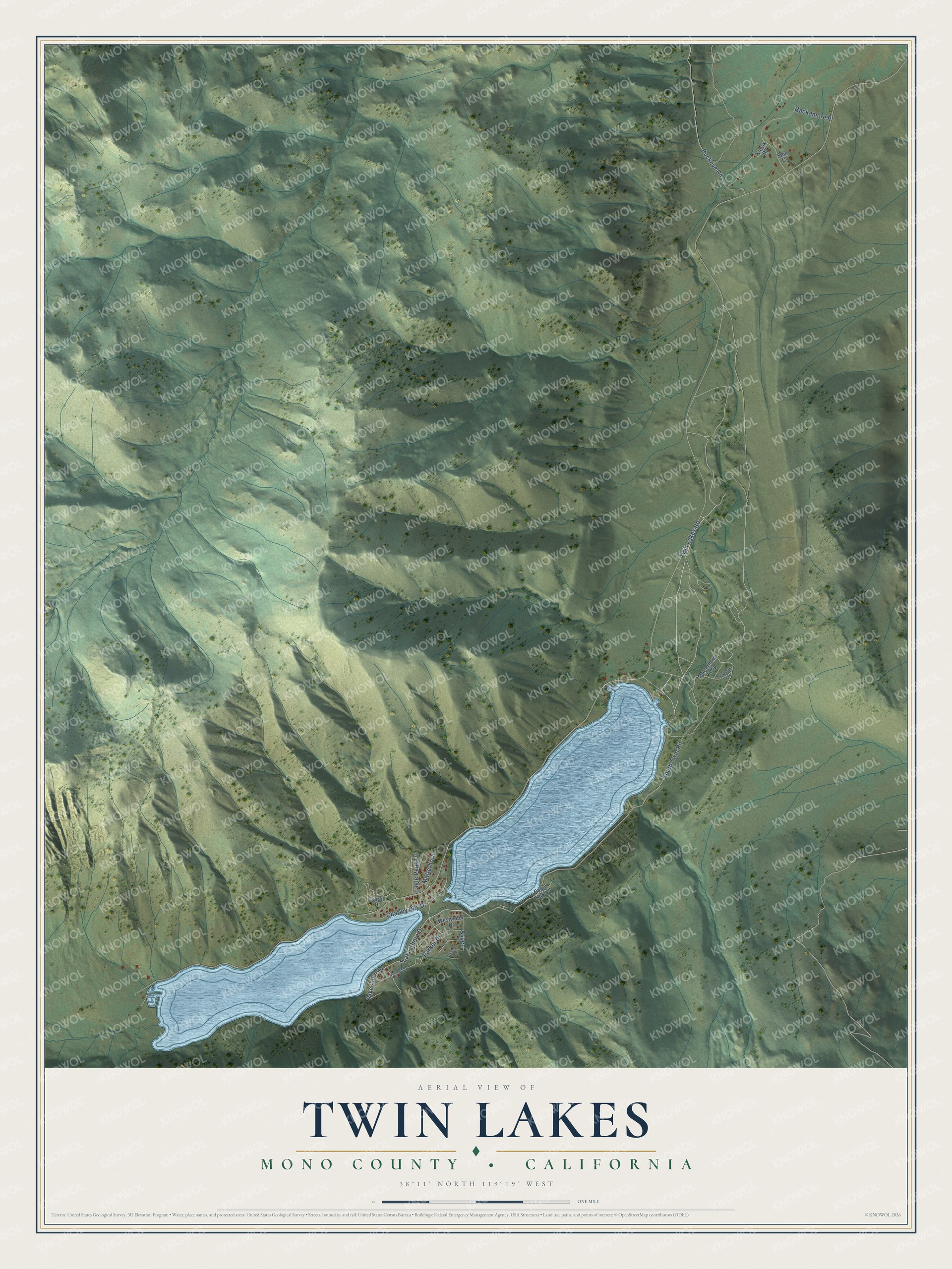 Full map of Twin Lakes, California, with red buildings, printed street names and the land around them
