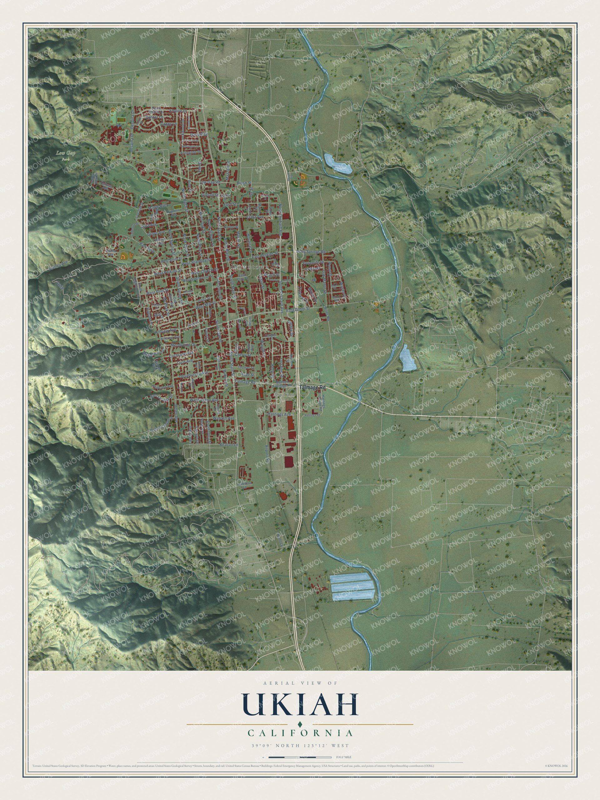 Full map of Ukiah, California, with red buildings, printed street names and the land around them