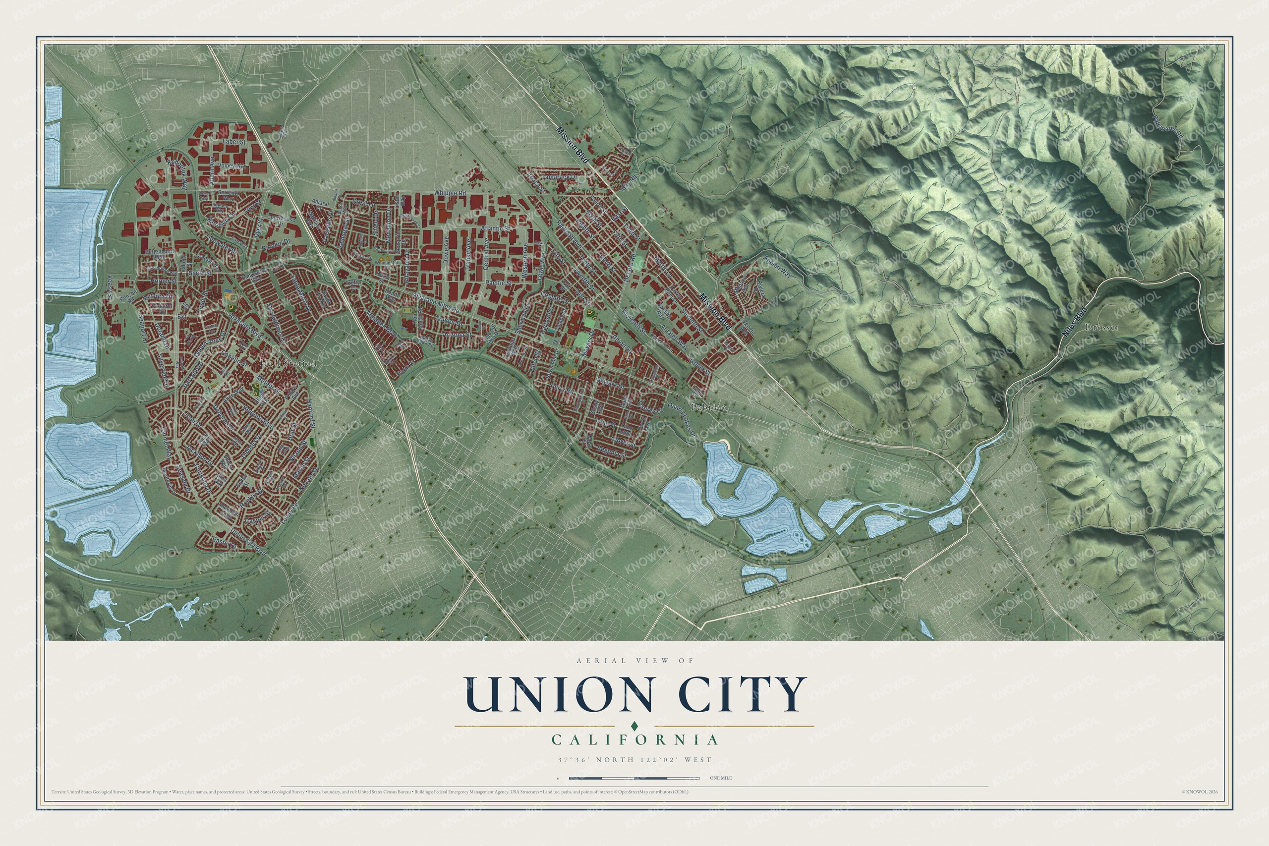 Full map of Union City, California, with red buildings, printed street names and the land around them