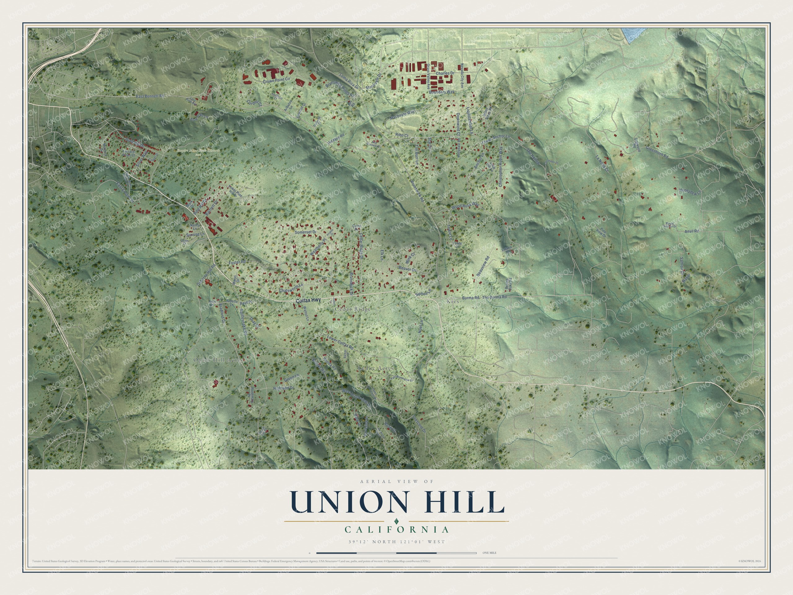 Full map of Union Hill, California, with red buildings, printed street names and the land around them