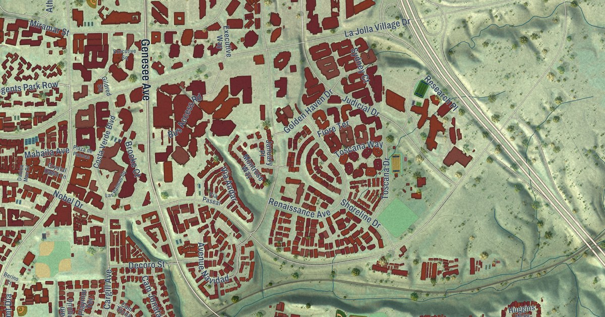 Close-up of streets and buildings in University City, California