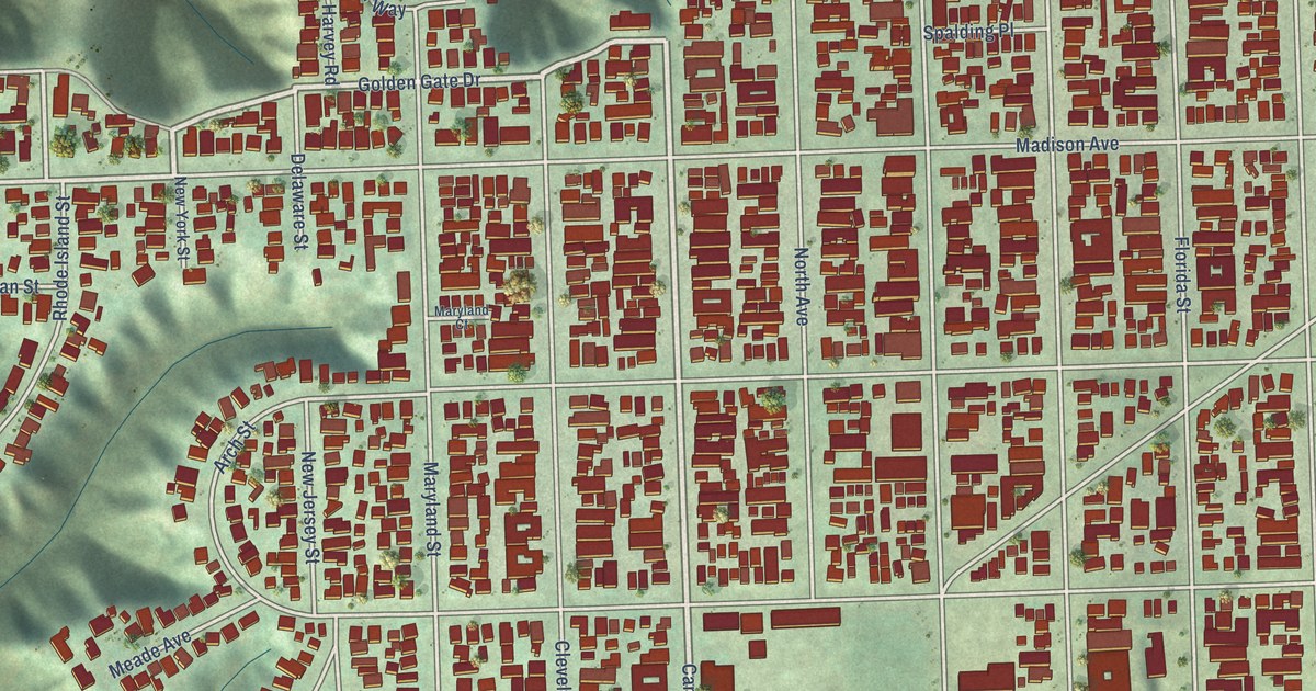 Close-up of streets and buildings in University Heights, California