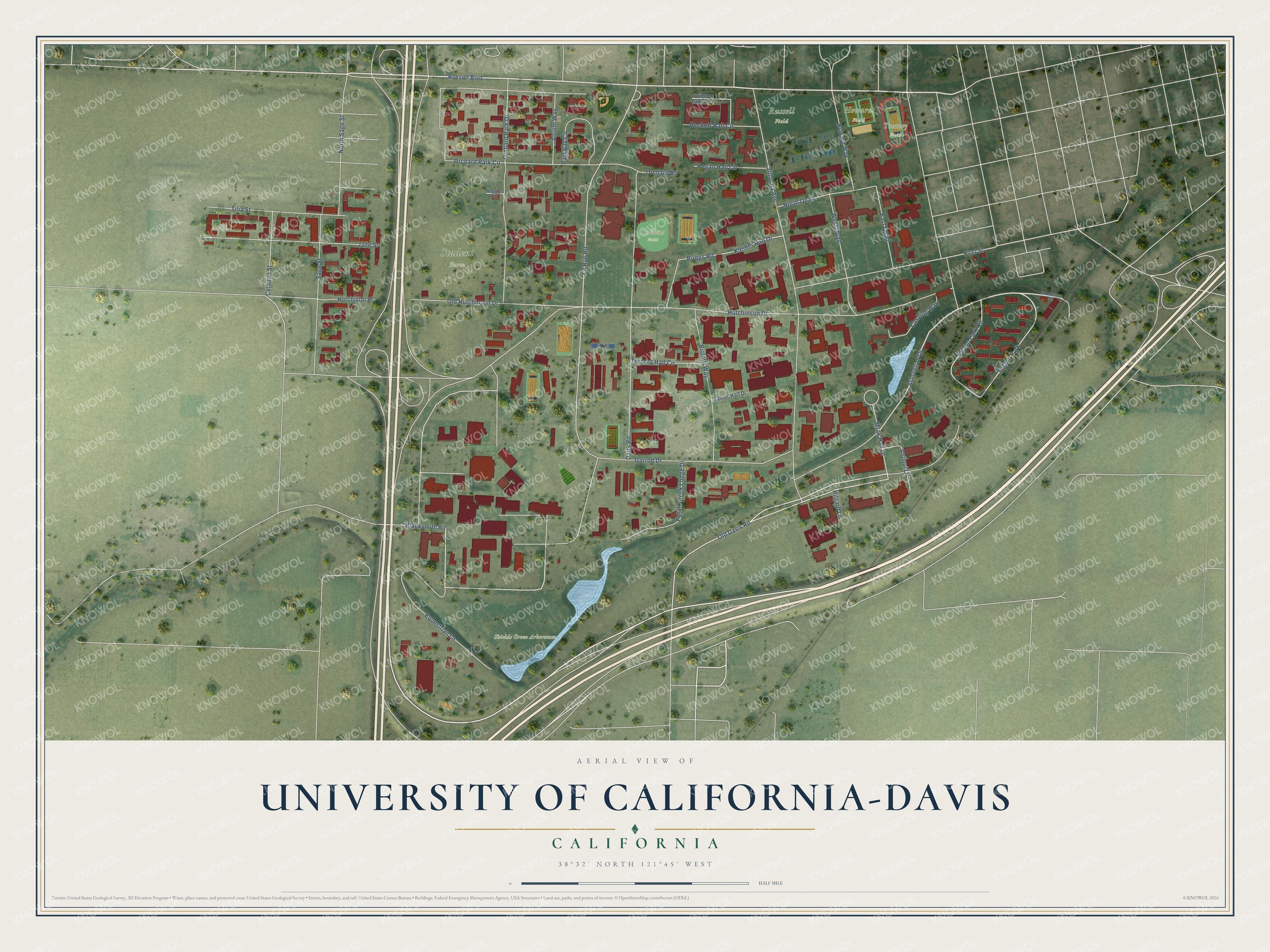 Full map of University of California-Davis, California, with red buildings, printed street names and the land around them