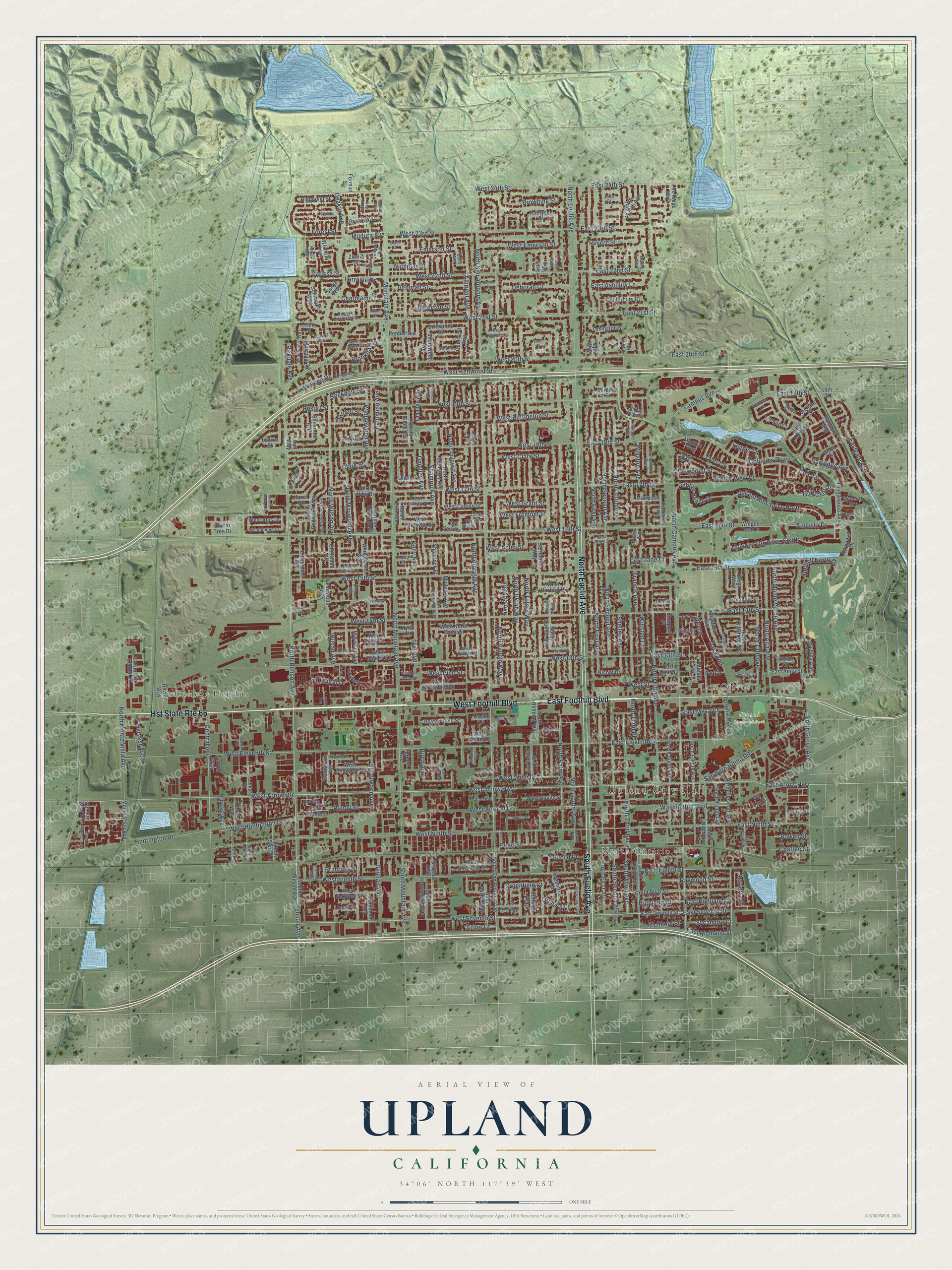 Full map of Upland, California, with red buildings, printed street names and the land around them