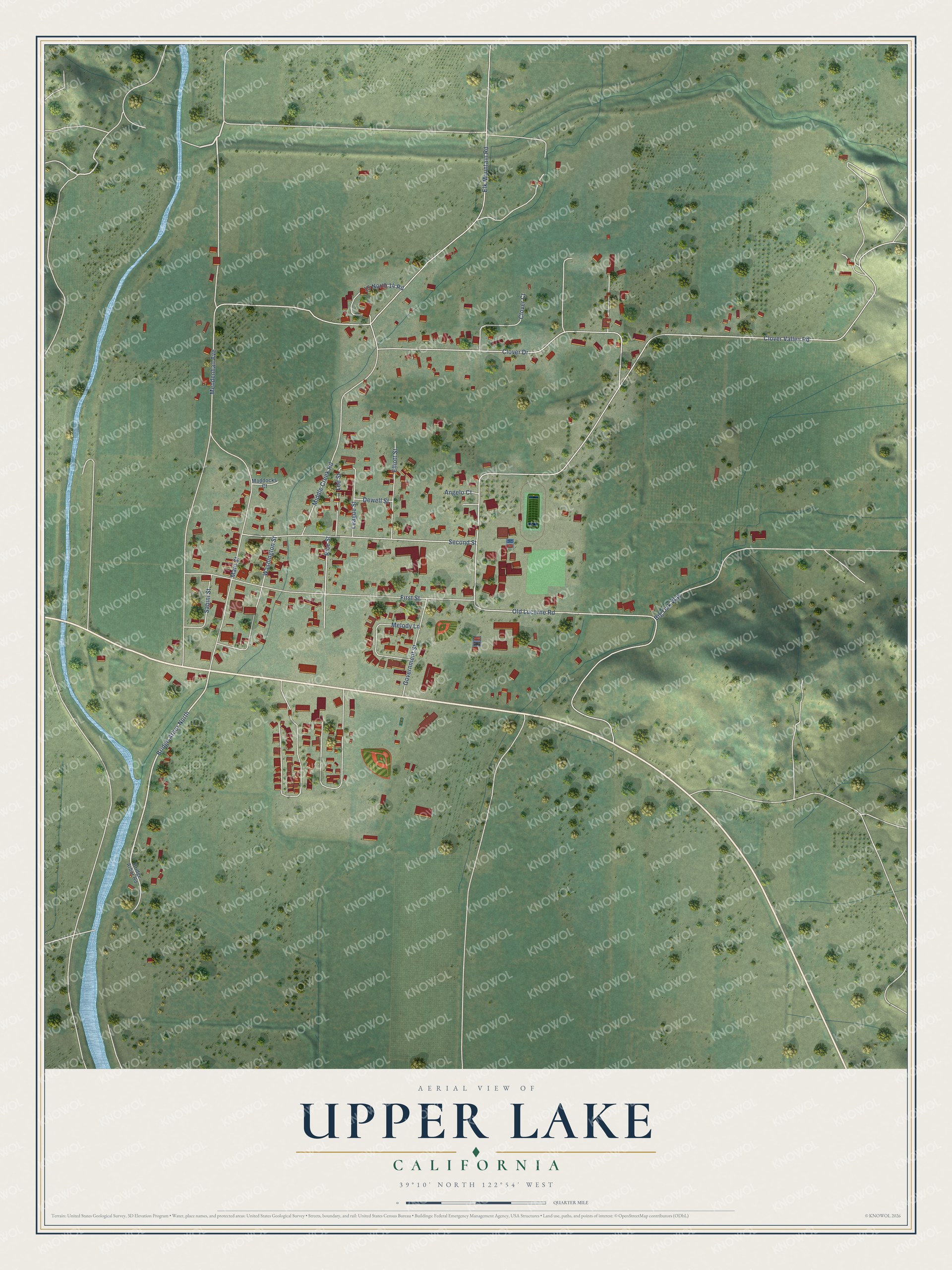 Full map of Upper Lake, California, with red buildings, printed street names and the land around them