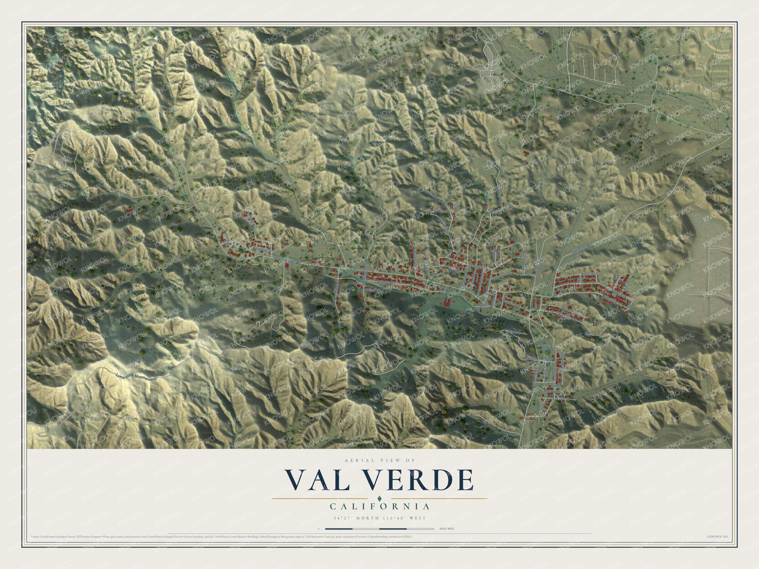 Full map of Val Verde, California, with red buildings, printed street names and the land around them