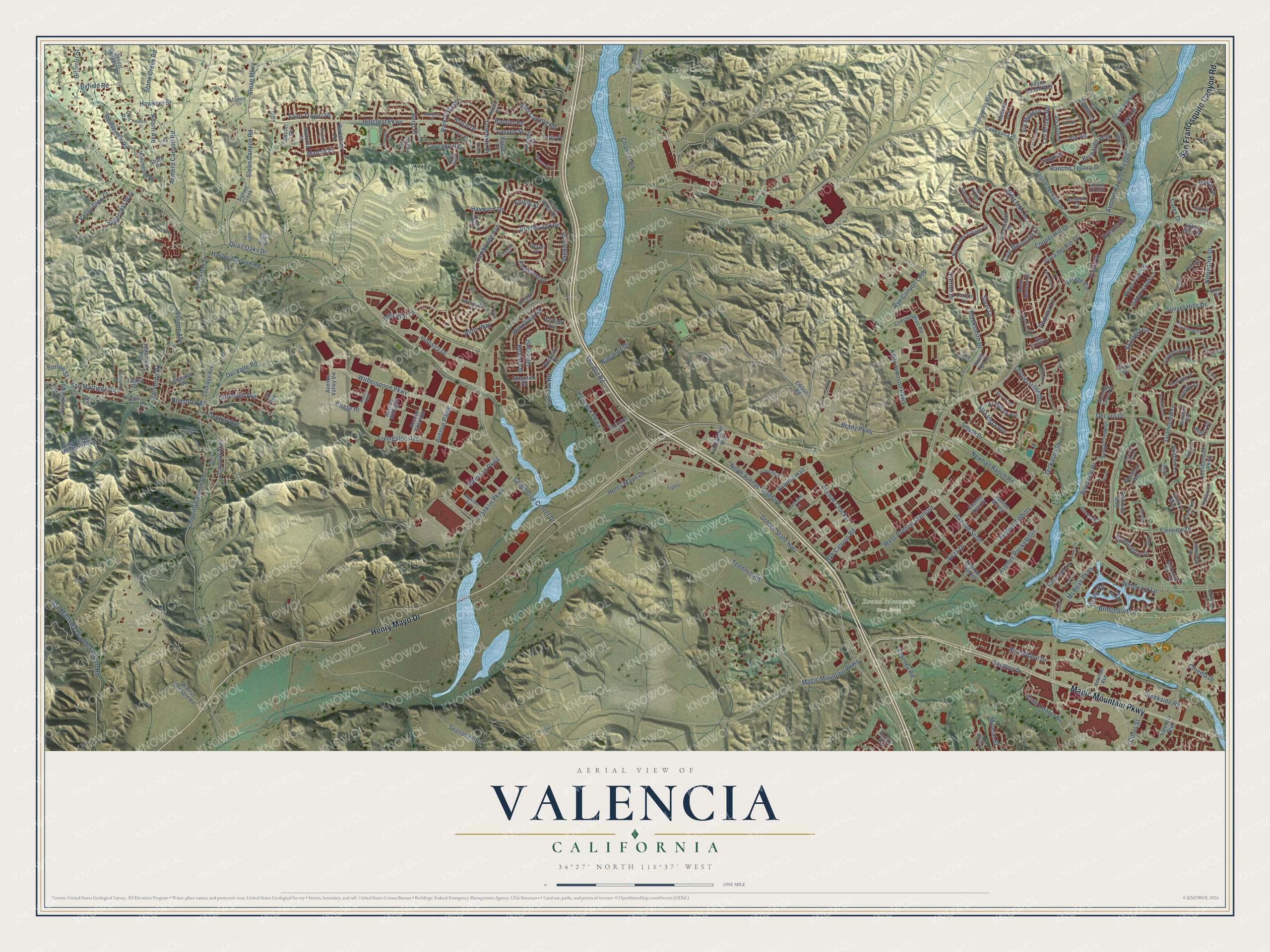 Full map of Valencia, California, with red buildings, printed street names and the land around them
