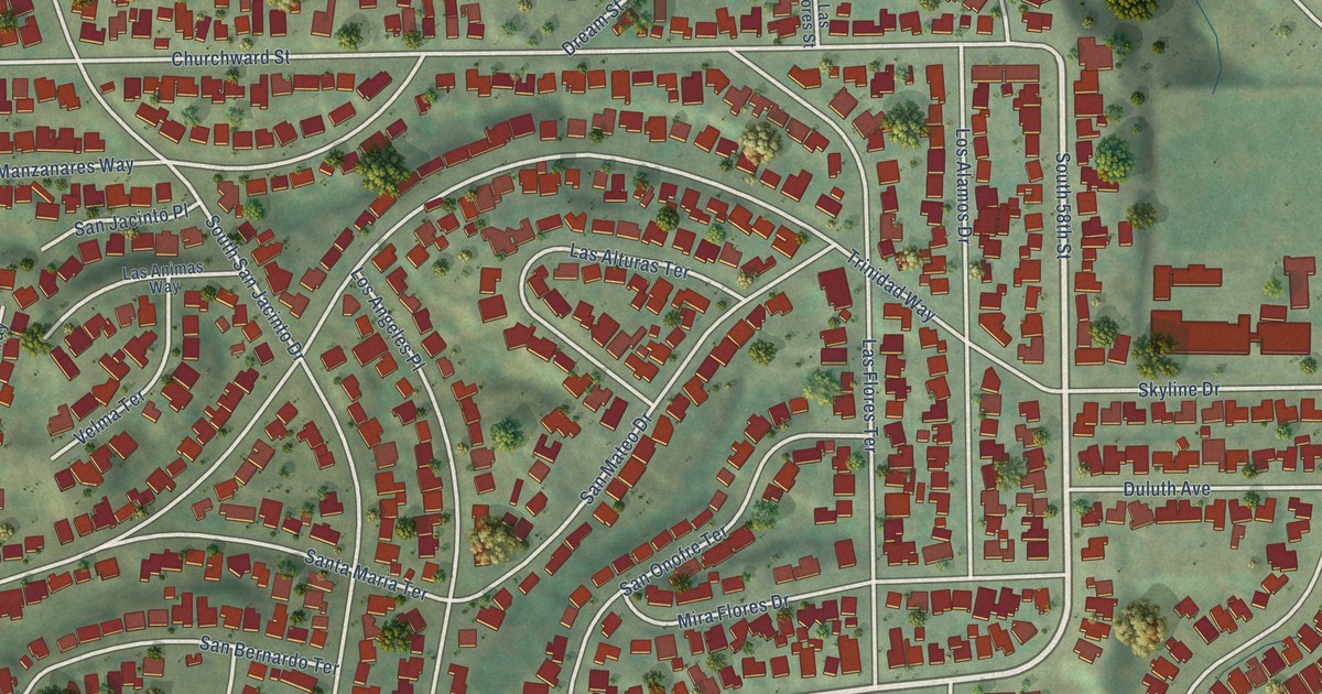 Close-up of streets and buildings in Valencia Park, California