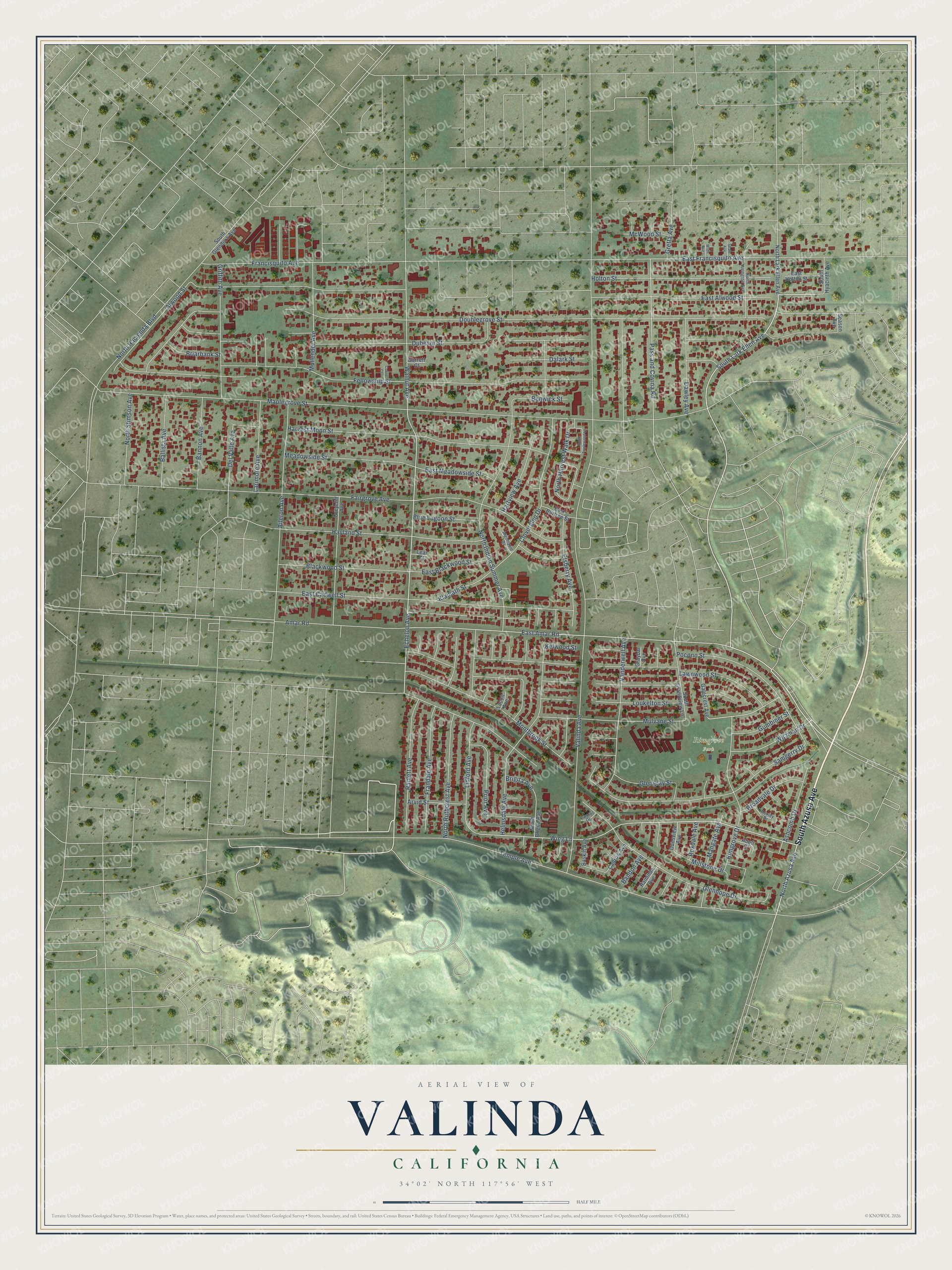 Full map of Valinda, California, with red buildings, printed street names and the land around them