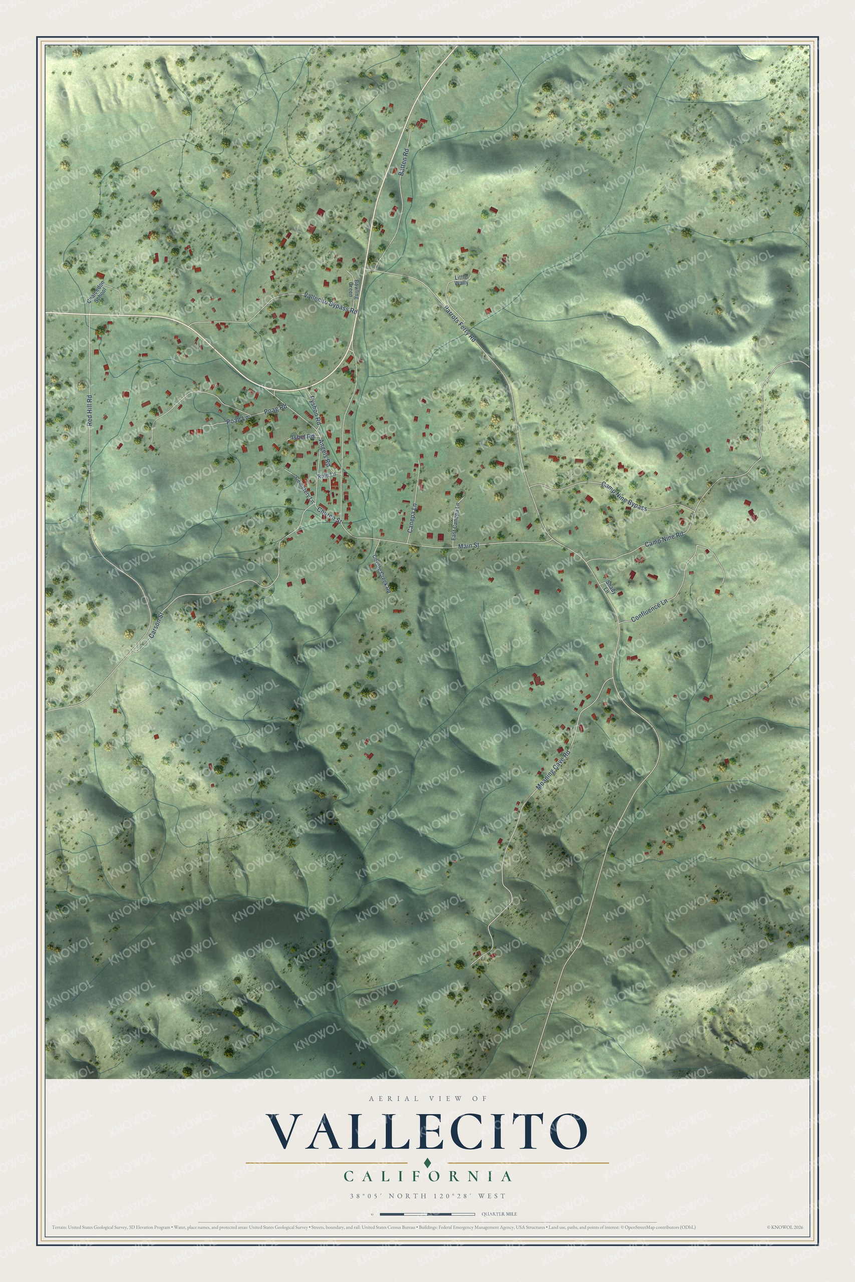 Full map of Vallecito, California, with red buildings, printed street names and the land around them