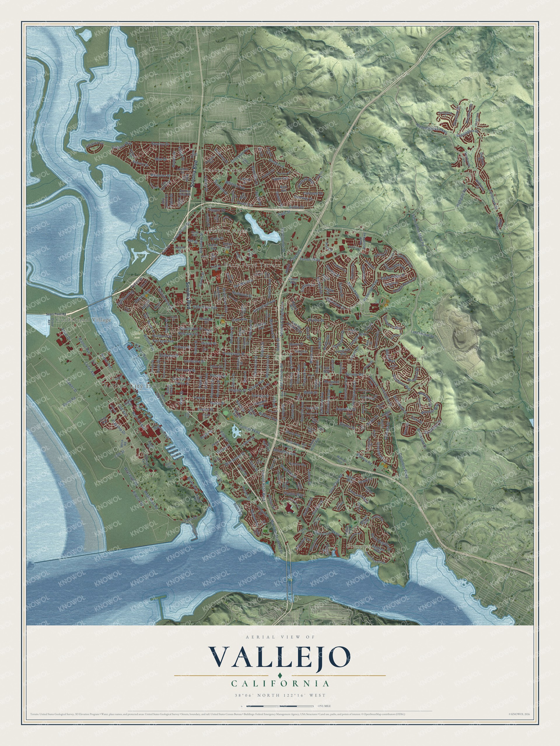 Full map of Vallejo, California, with red buildings, printed street names and the land around them