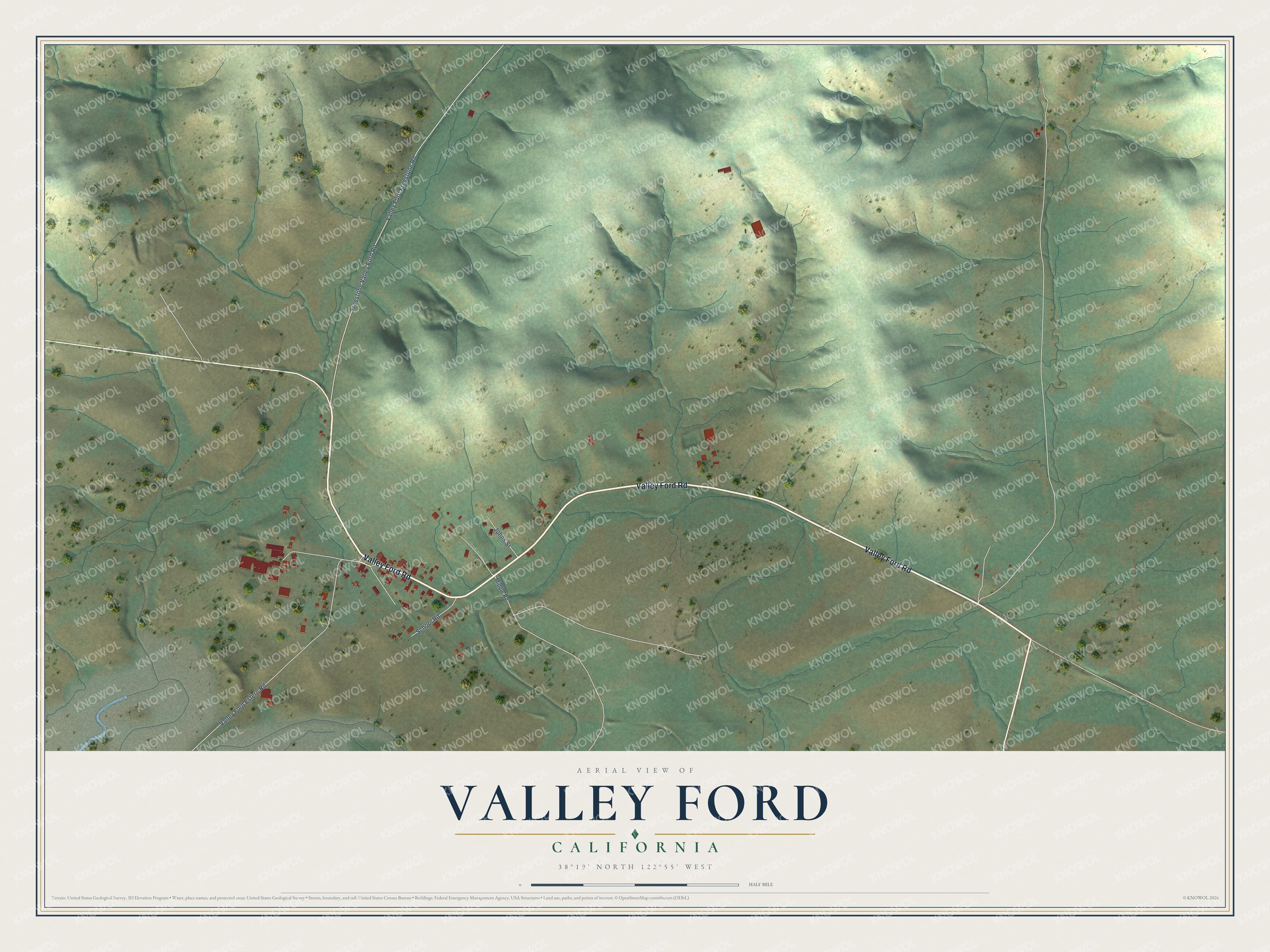 Full map of Valley Ford, California, with red buildings, printed street names and the land around them