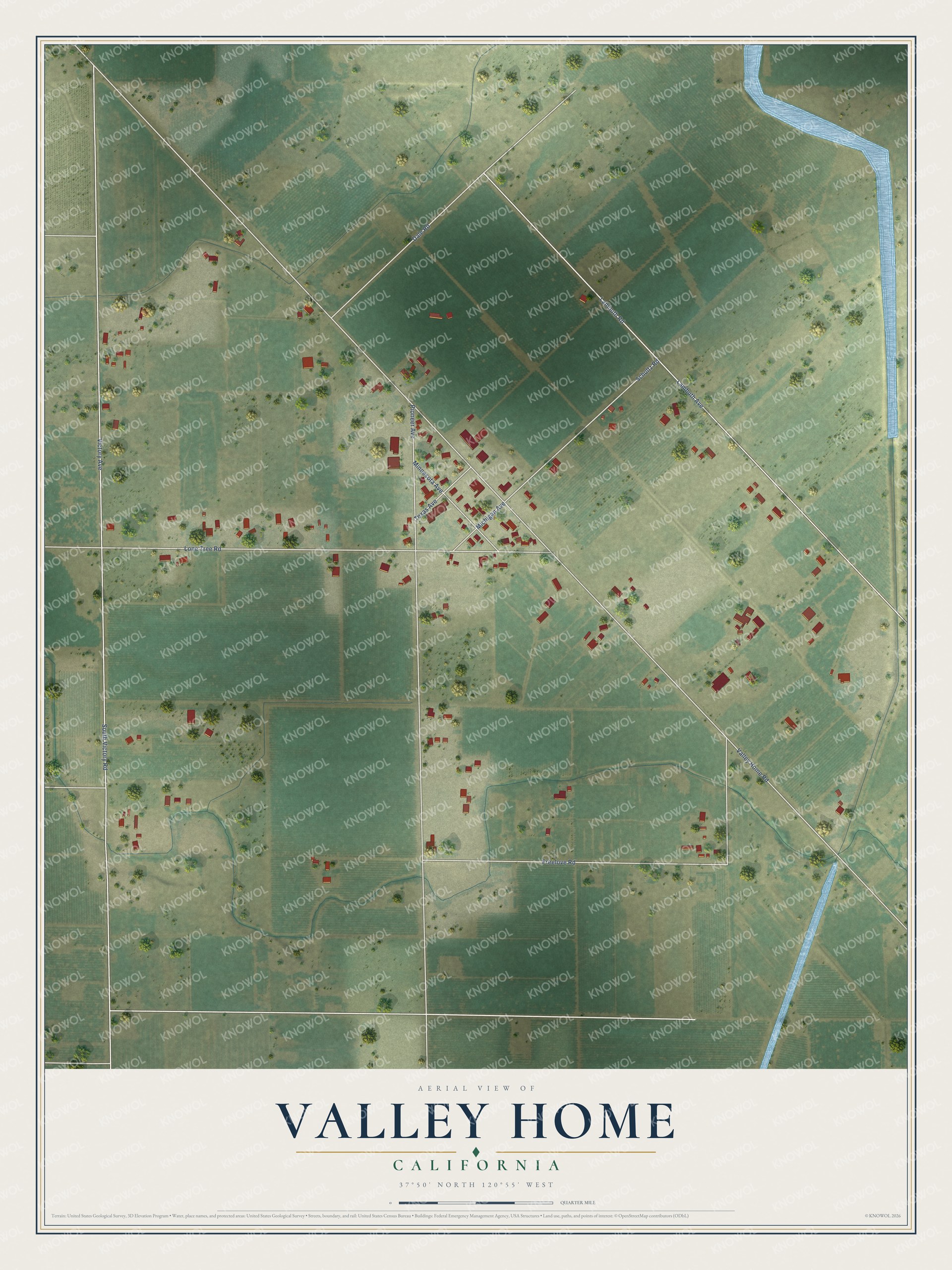 Full map of Valley Home, California, with red buildings, printed street names and the land around them