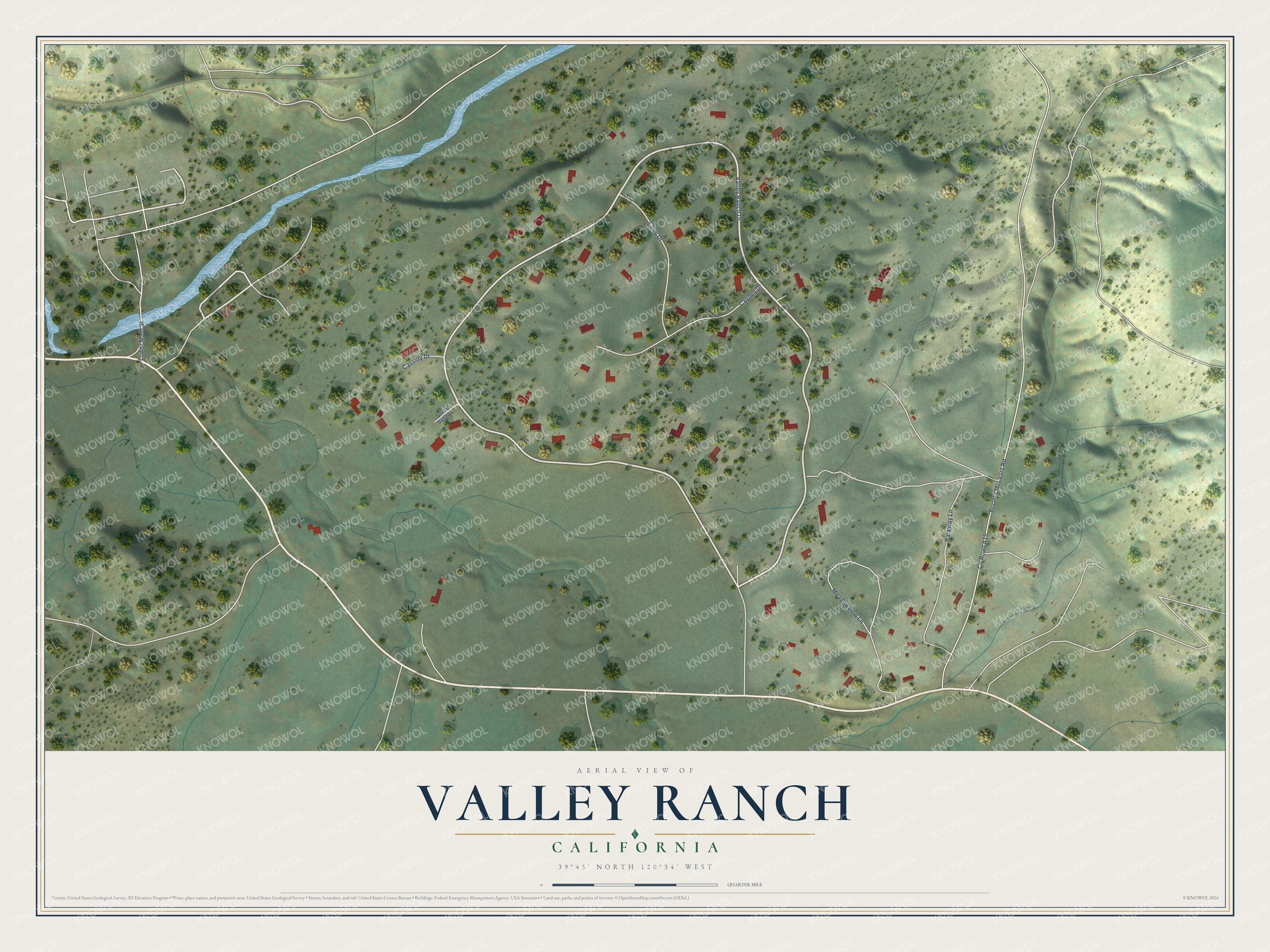 Full map of Valley Ranch, California, with red buildings, printed street names and the land around them