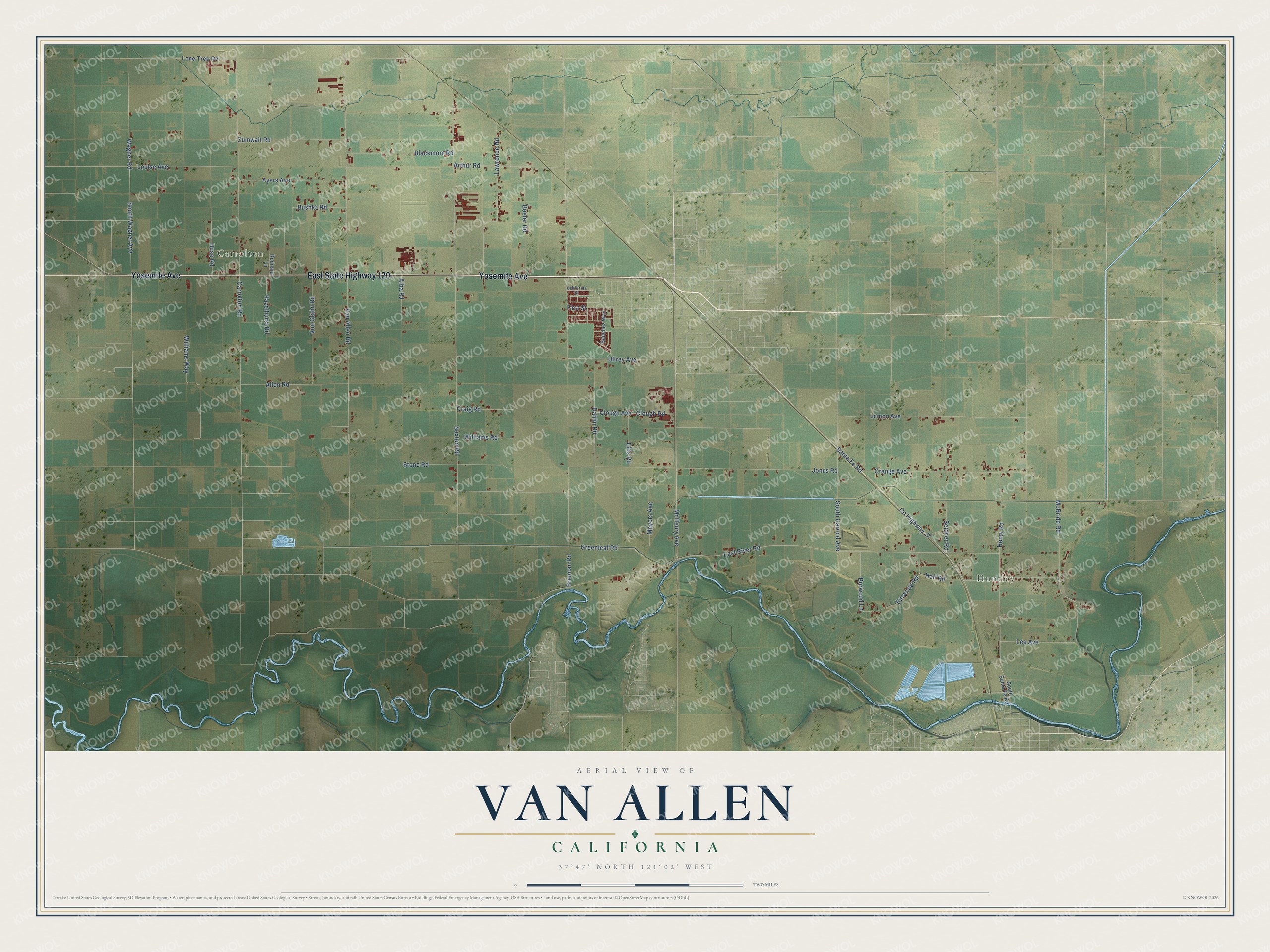 Full map of Van Allen, California, with red buildings, printed street names and the land around them