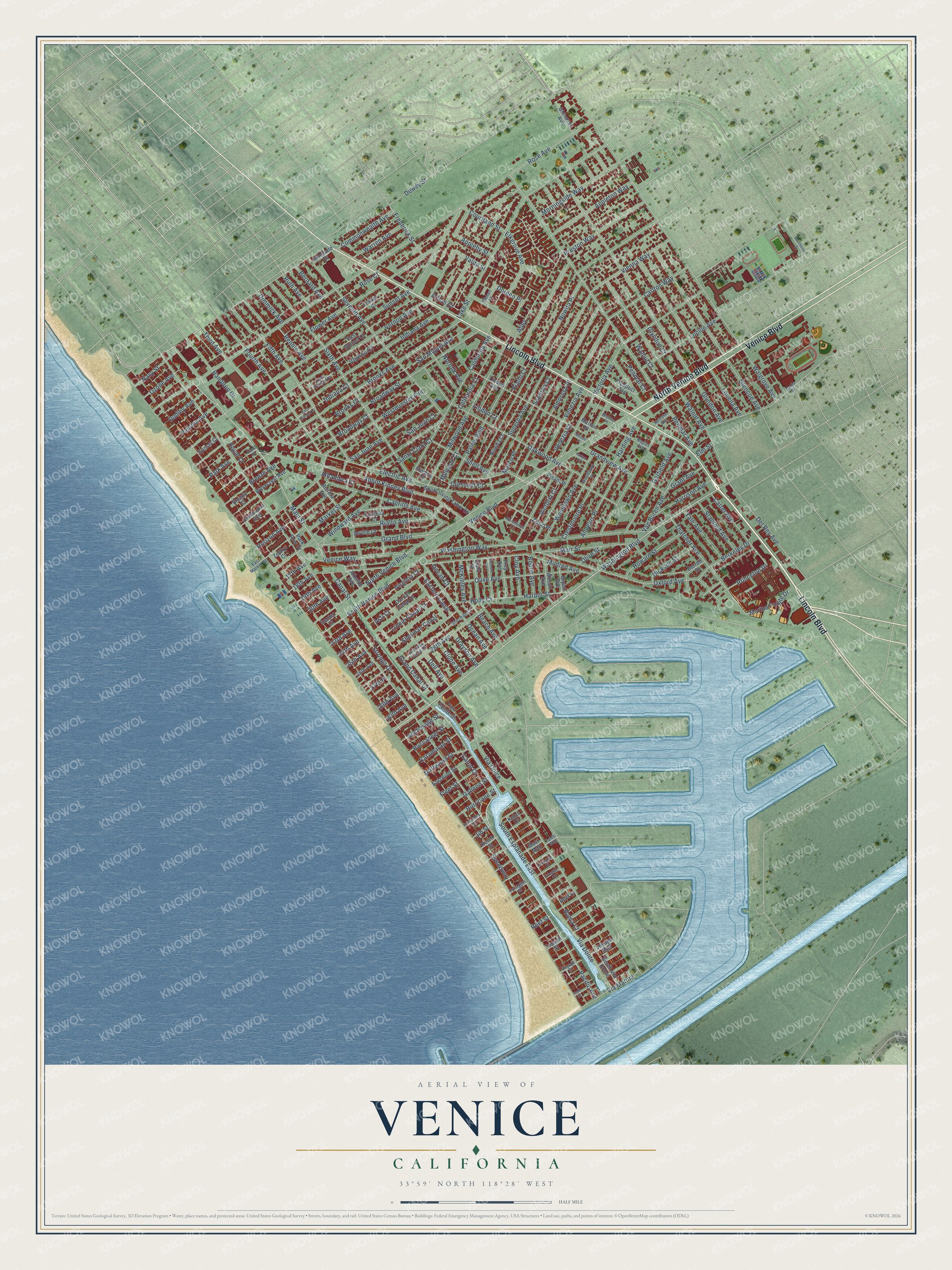 Full map of Venice, California, with red buildings, printed street names and the land around them