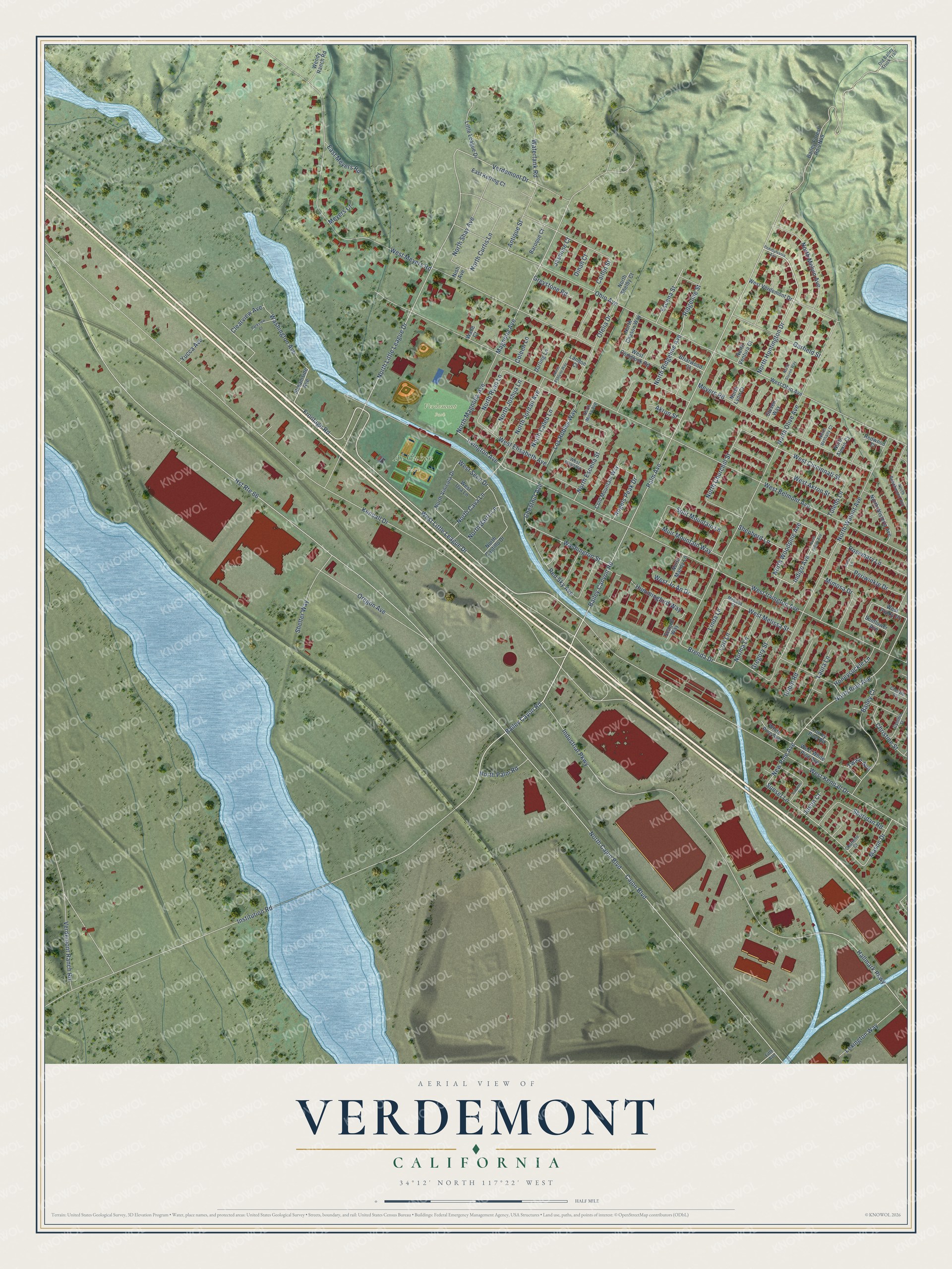 Full map of Verdemont, California, with red buildings, printed street names and the land around them