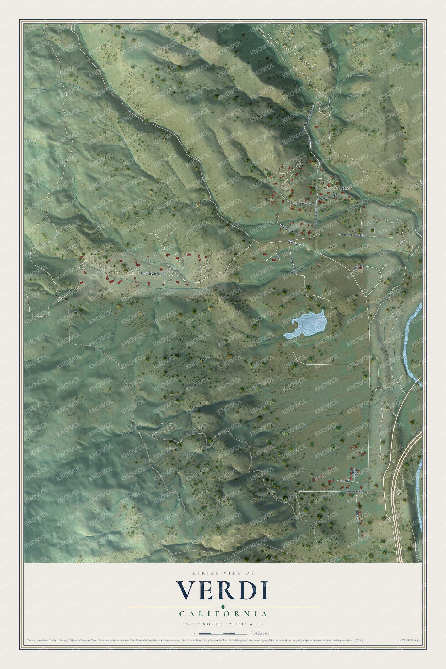 Full map of Verdi, California, with red buildings, printed street names and the land around them