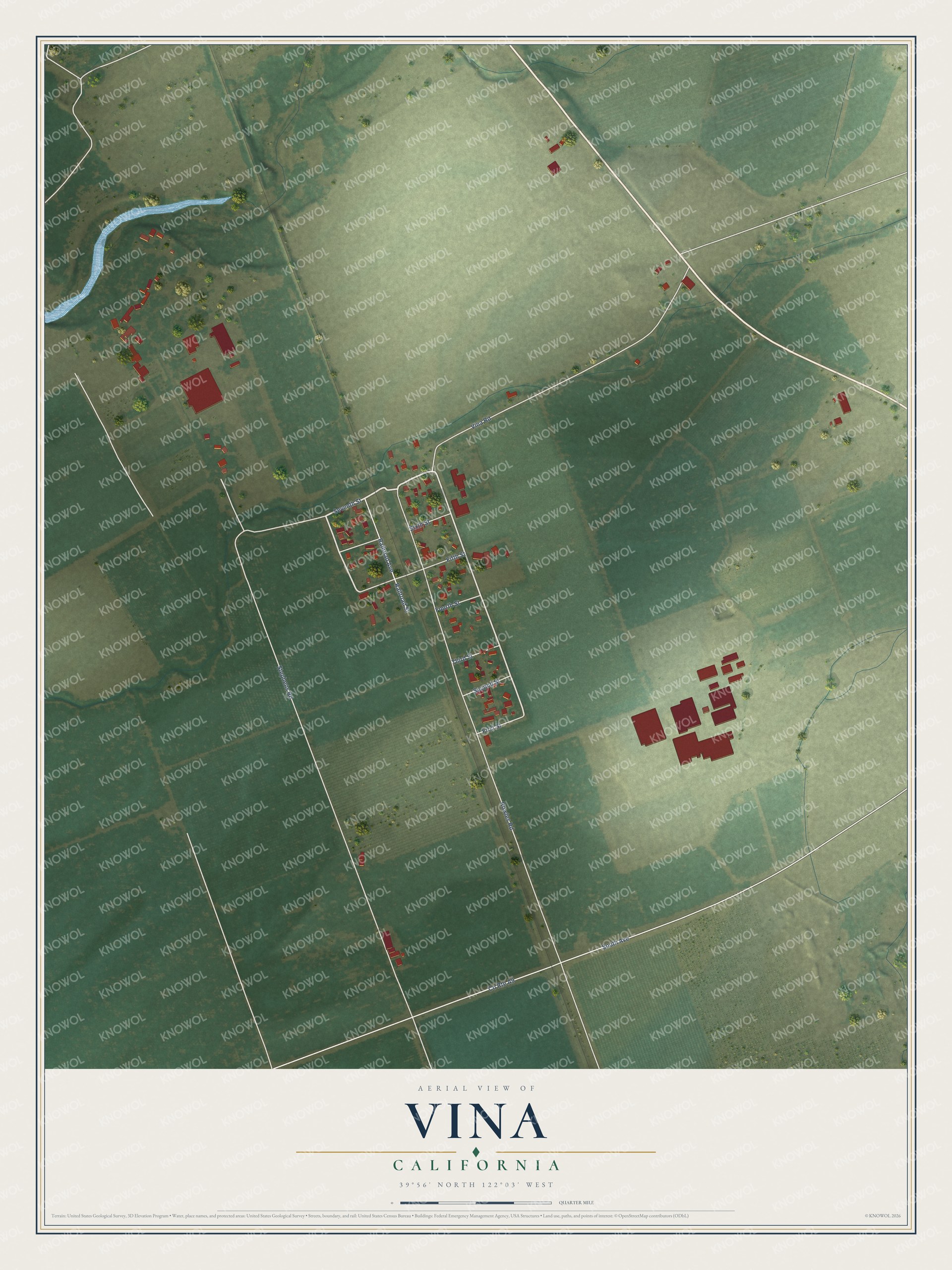 Full map of Vina, California, with red buildings, printed street names and the land around them