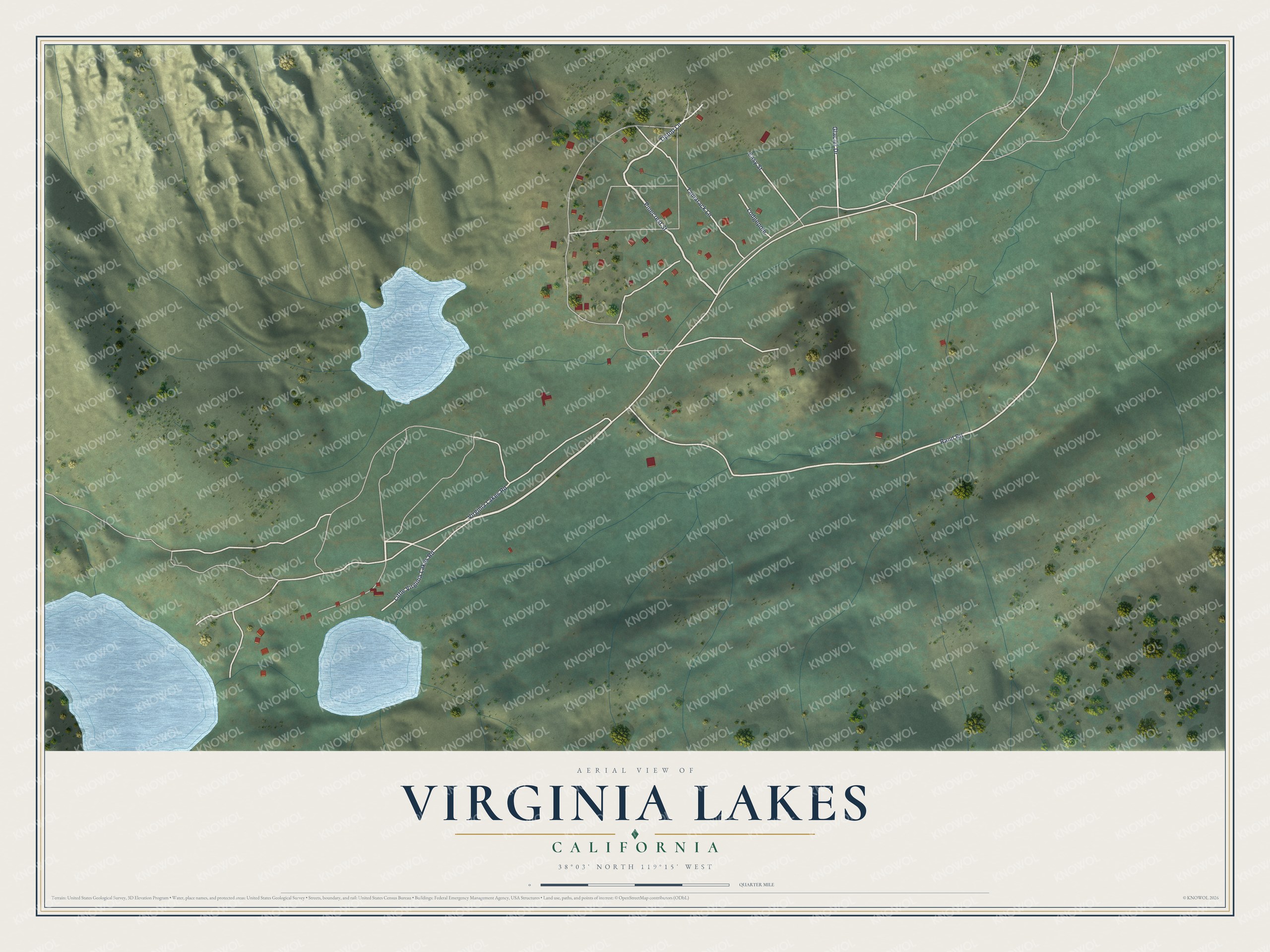 Full map of Virginia Lakes, California, with red buildings, printed street names and the land around them