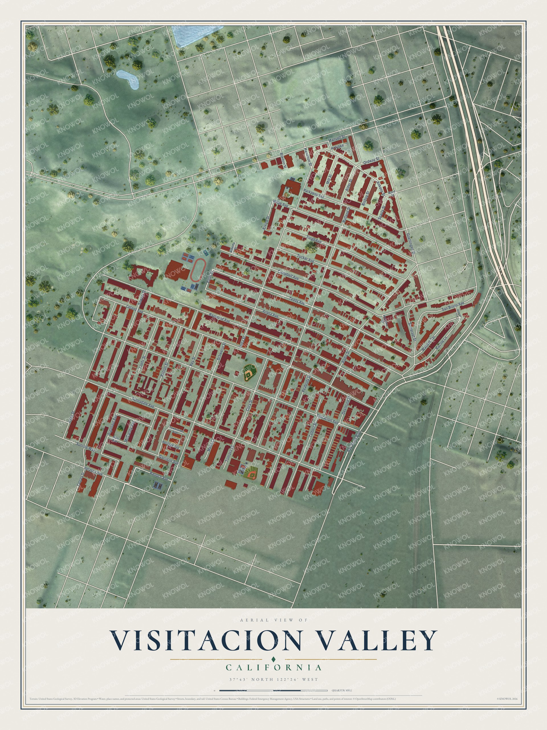 Full map of Visitacion Valley, California, with red buildings, printed street names and the land around them
