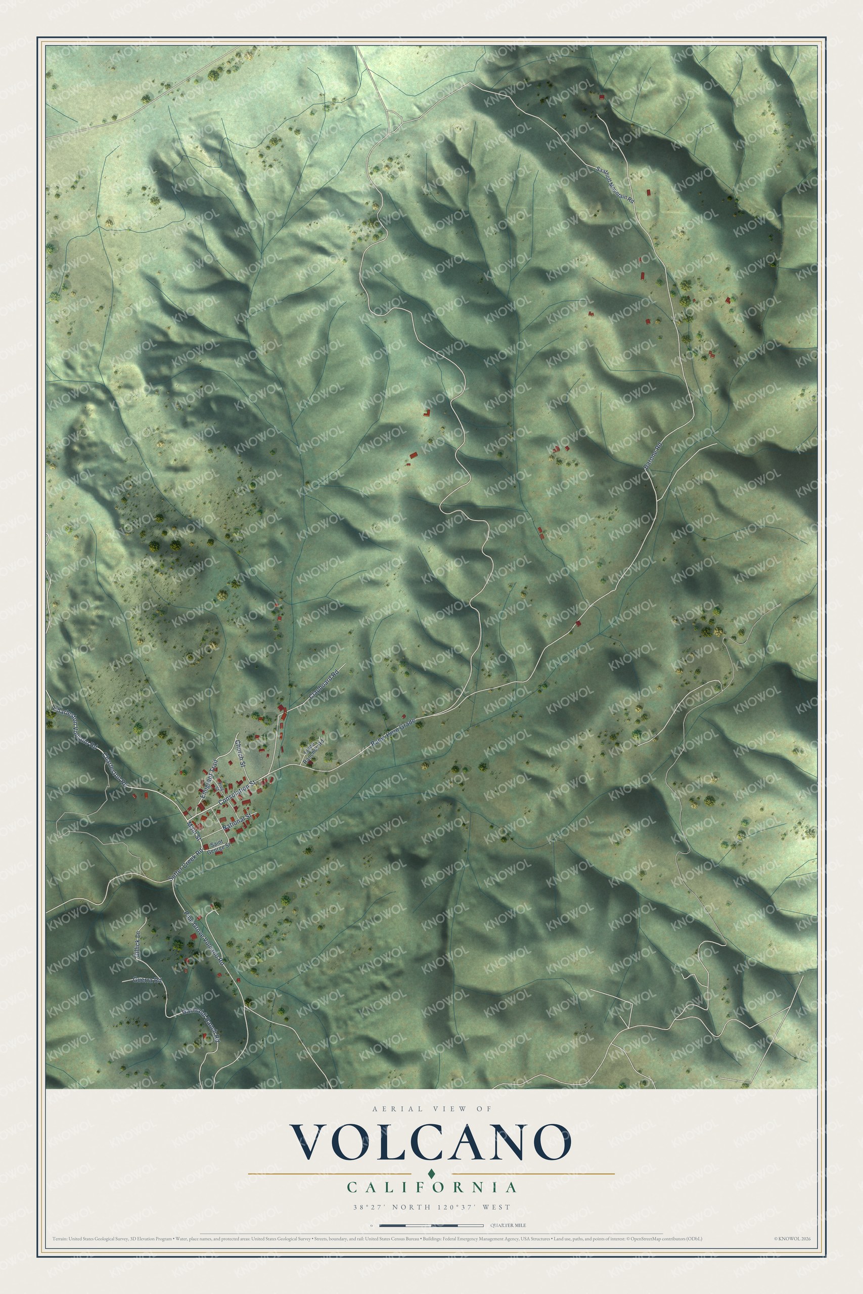 Full map of Volcano, California, with red buildings, printed street names and the land around them