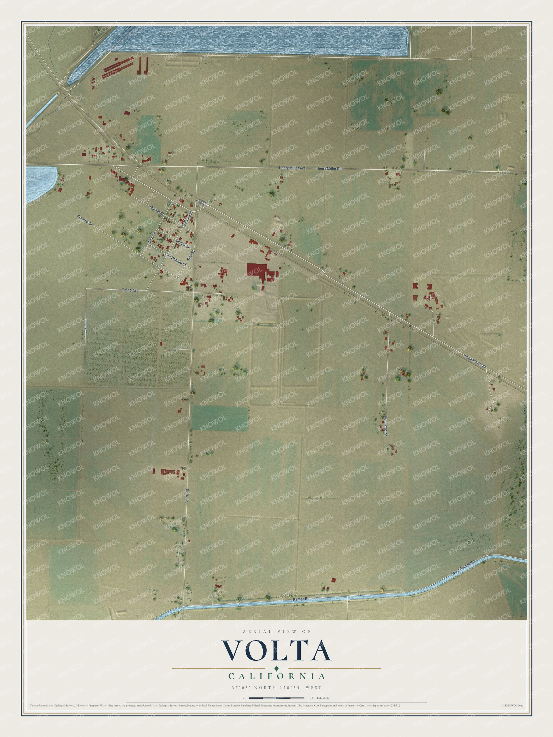 Full map of Volta, California, with red buildings, printed street names and the land around them