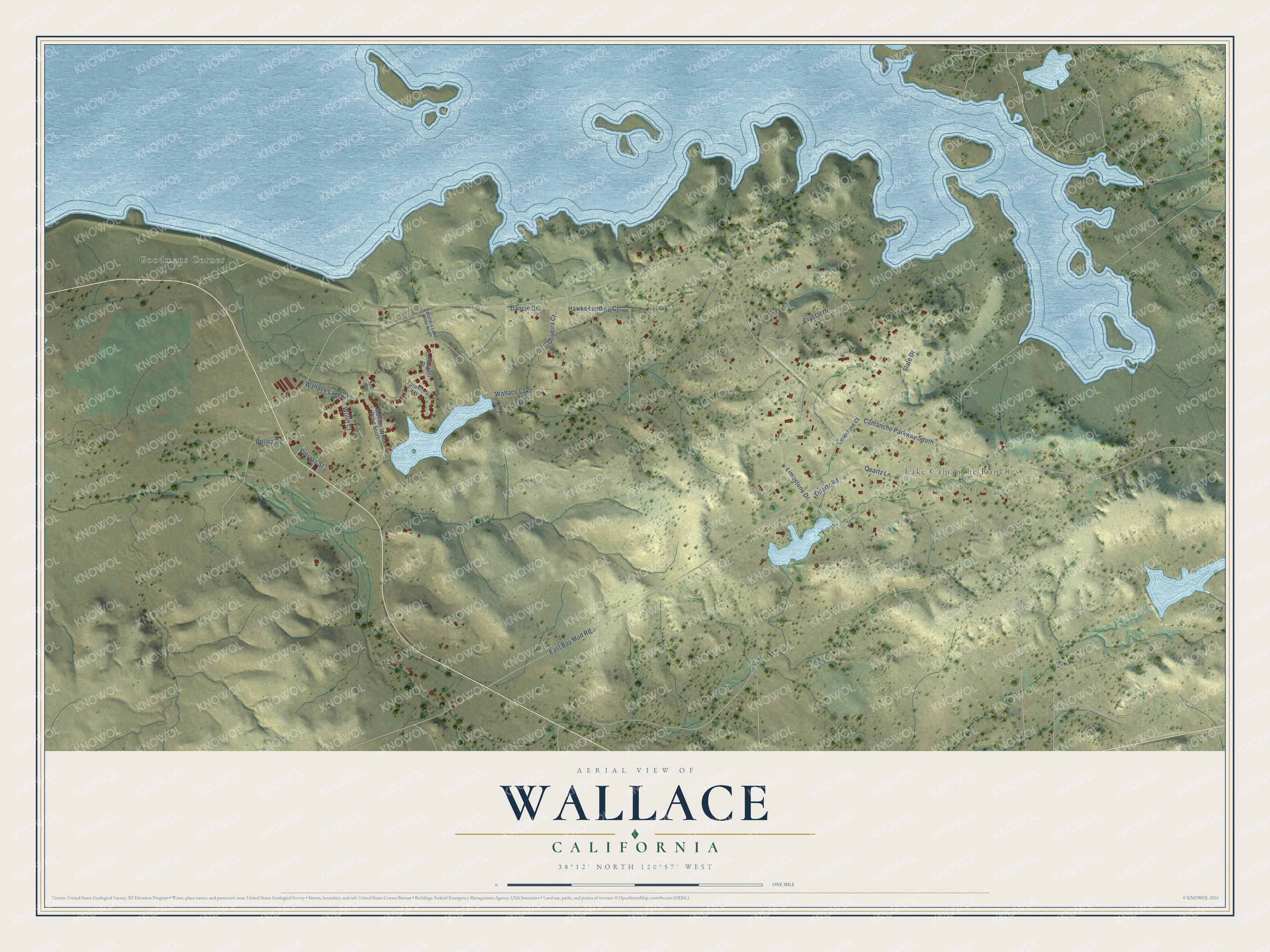 Full map of Wallace, California, with red buildings, printed street names and the land around them