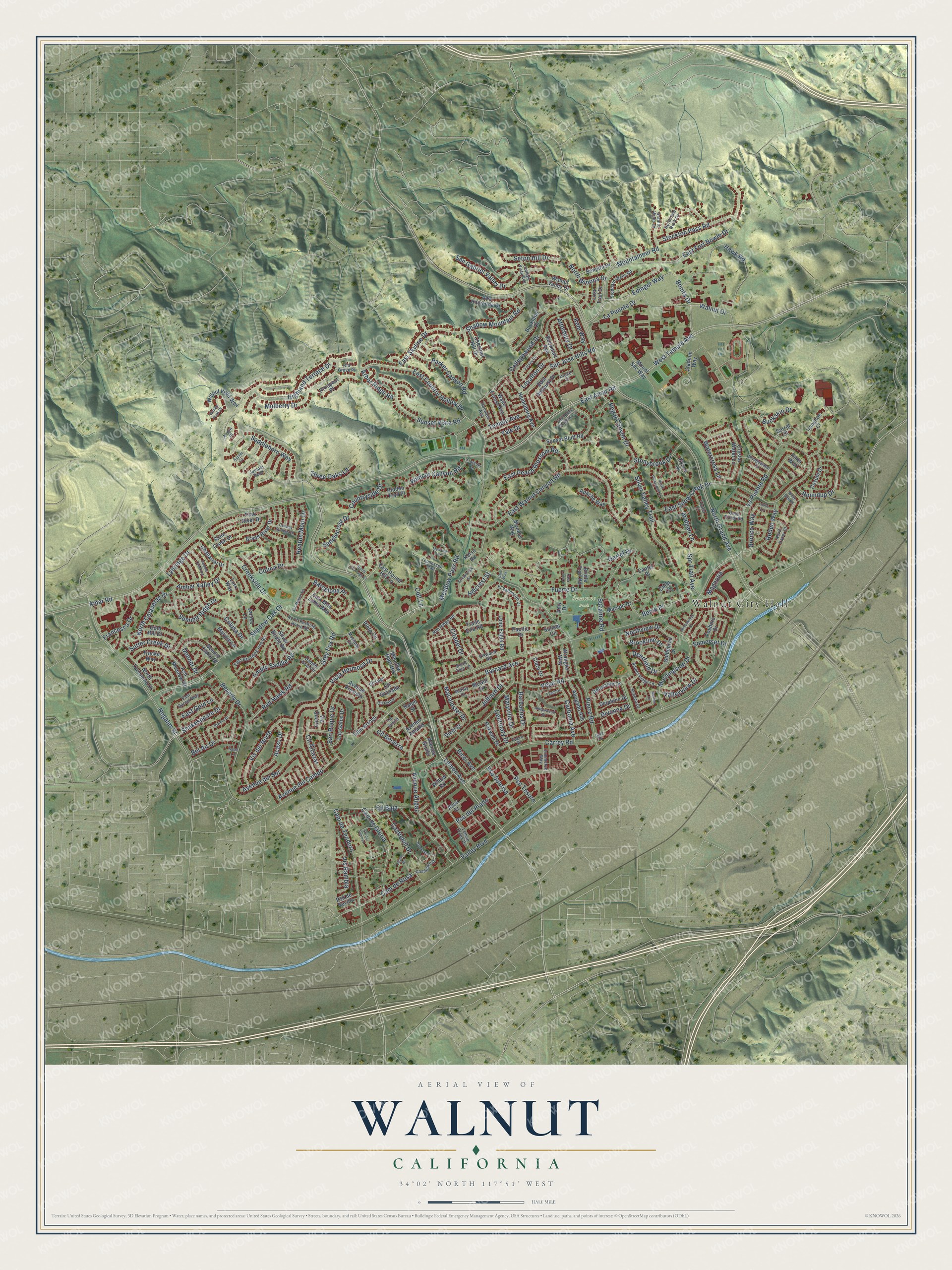 Full map of Walnut, California, with red buildings, printed street names and the land around them