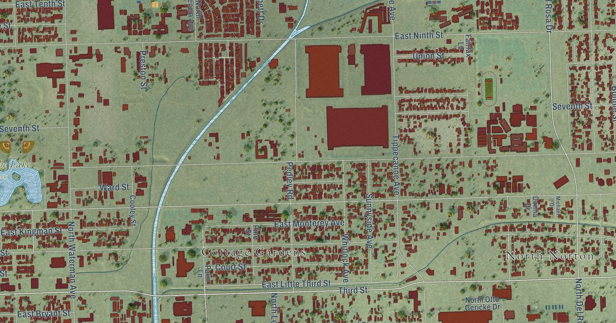 Close-up of streets and buildings in Warm Springs, San Bernardino County, California