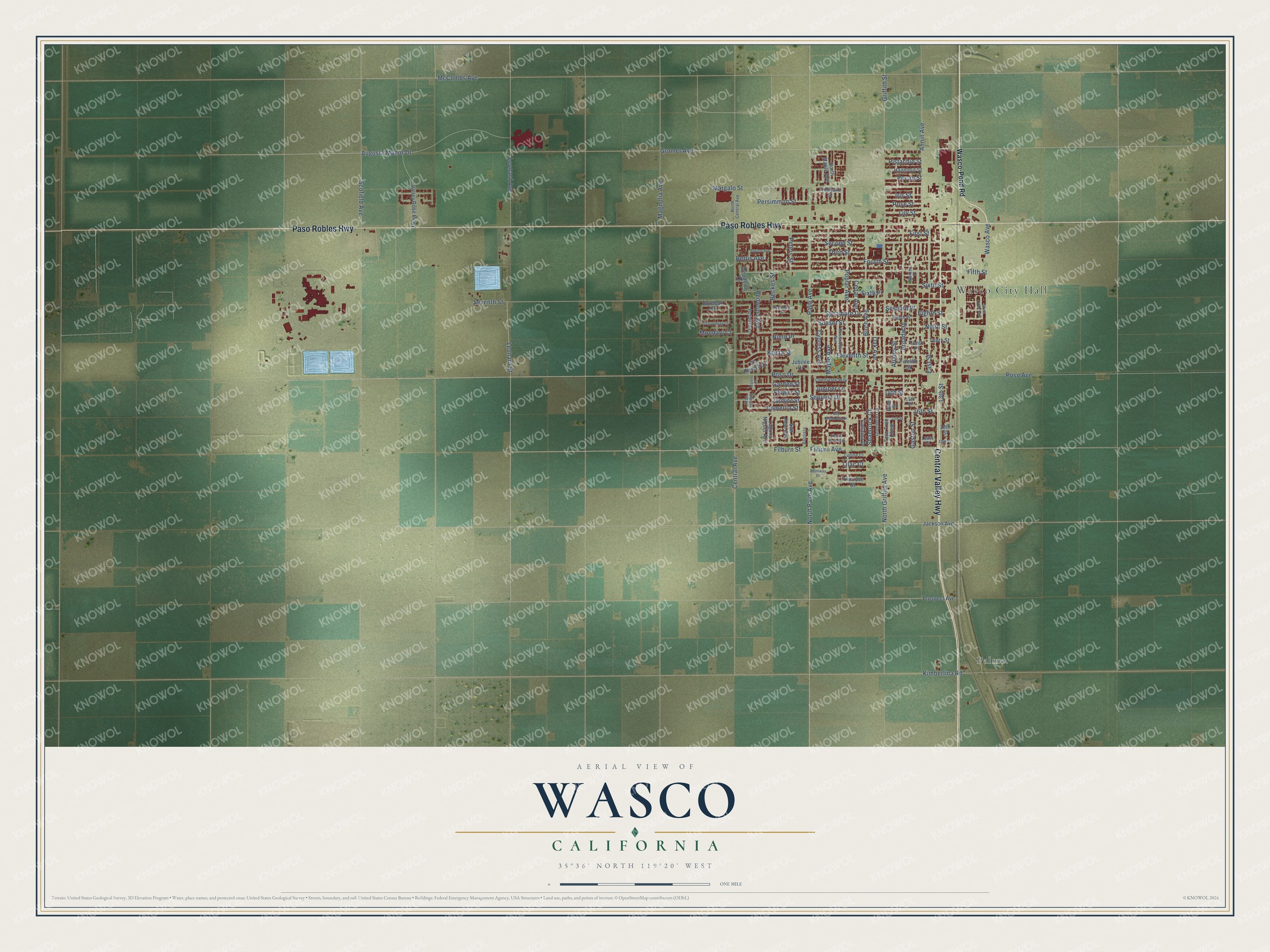 Full map of Wasco, California, with red buildings, printed street names and the land around them