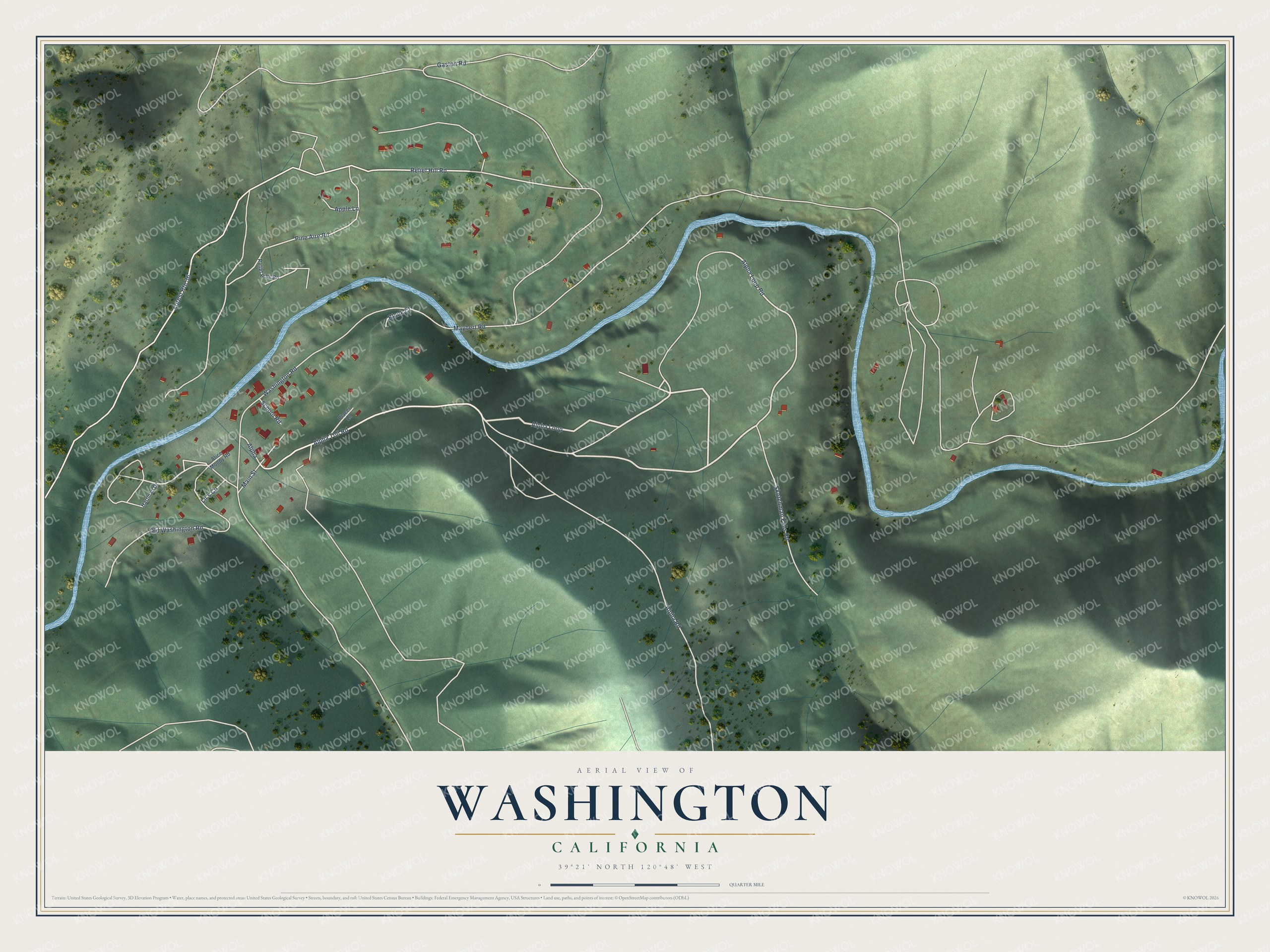 Full map of Washington, California, with red buildings, printed street names and the land around them