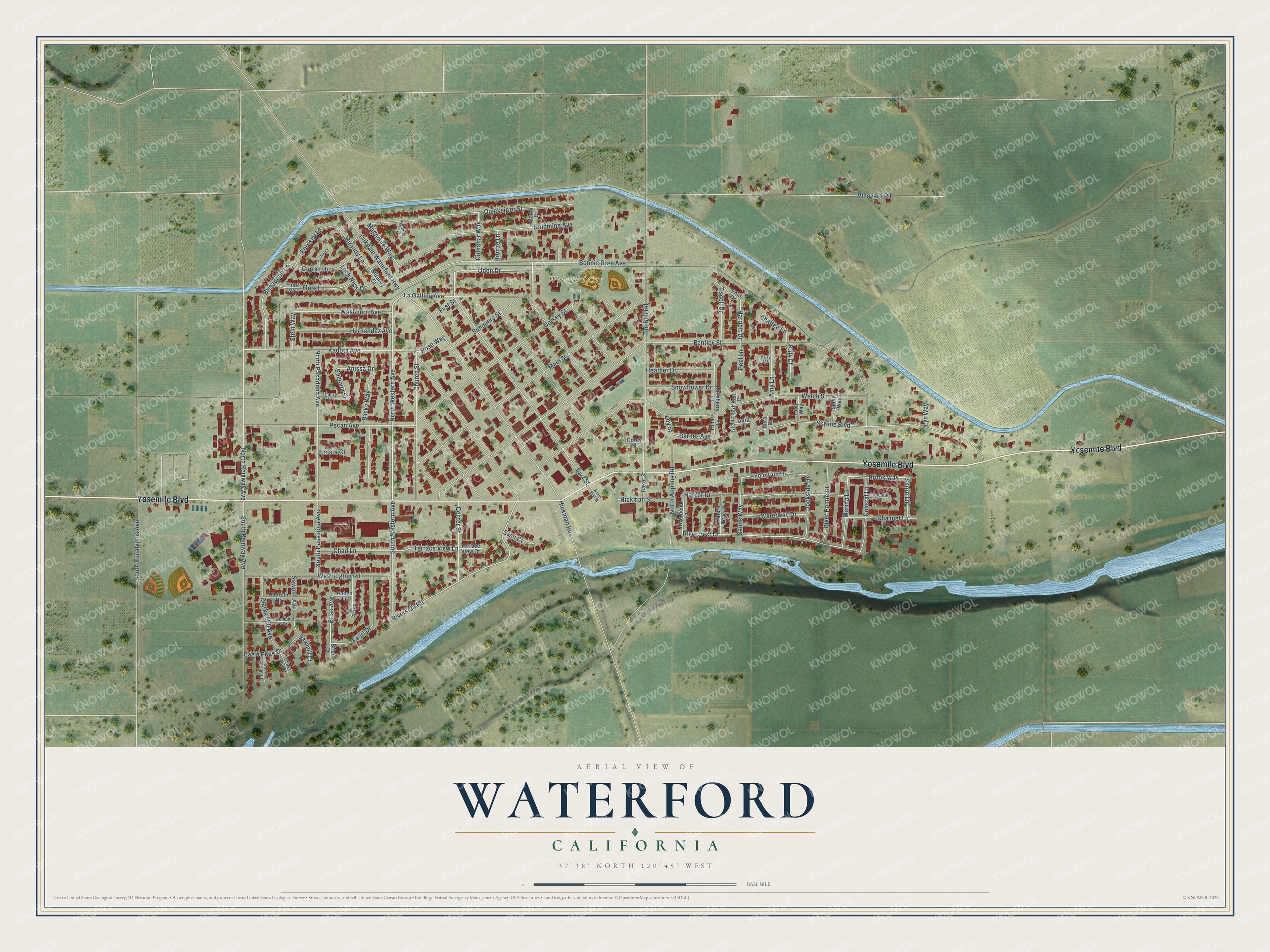 Full map of Waterford, California, with red buildings, printed street names and the land around them