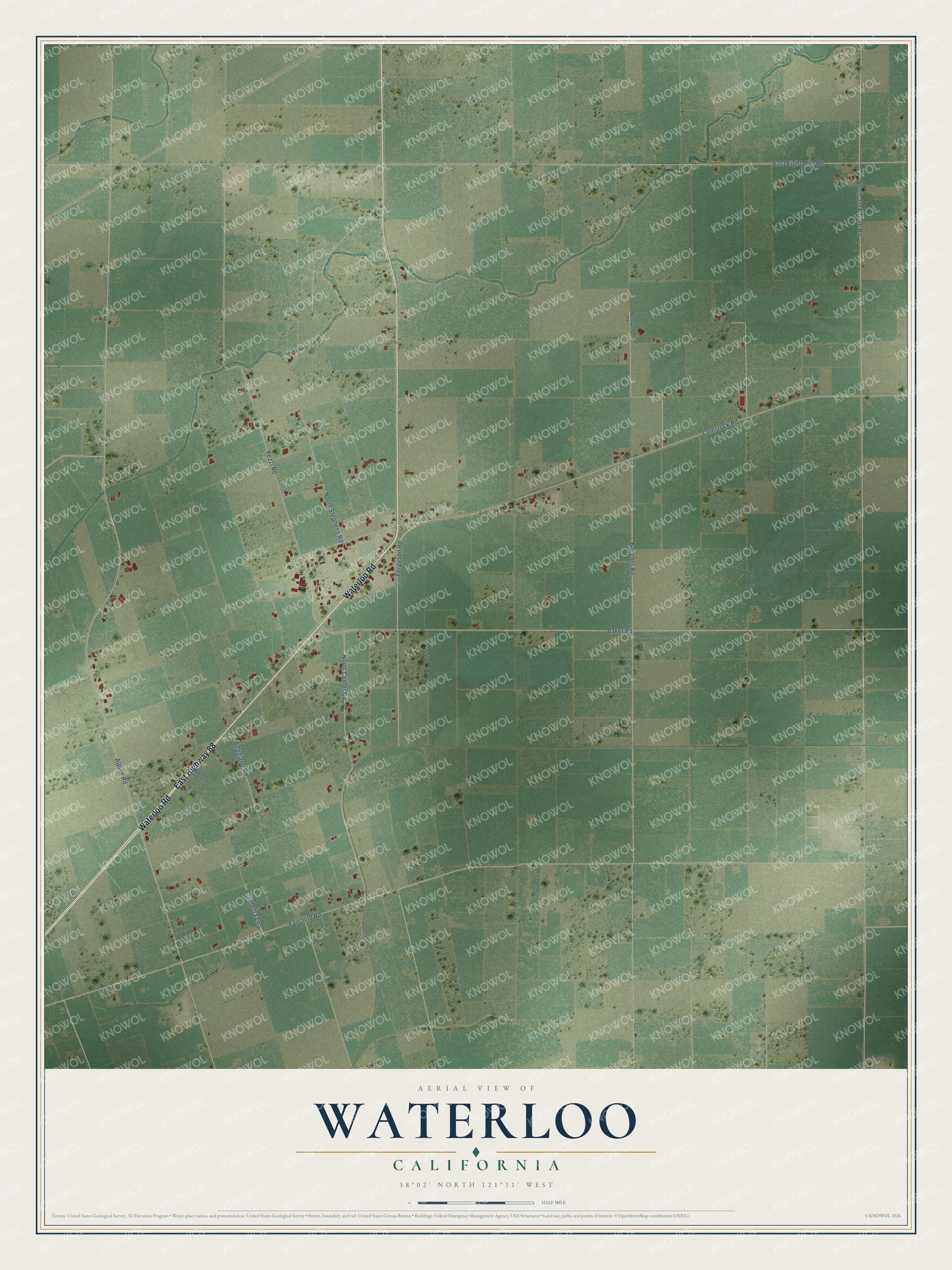 Full map of Waterloo, California, with red buildings, printed street names and the land around them