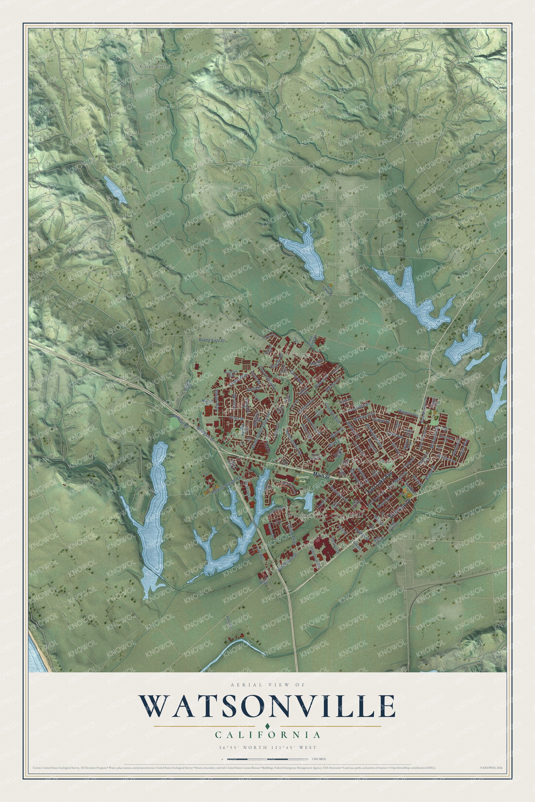 Full map of Watsonville, California, with red buildings, printed street names and the land around them