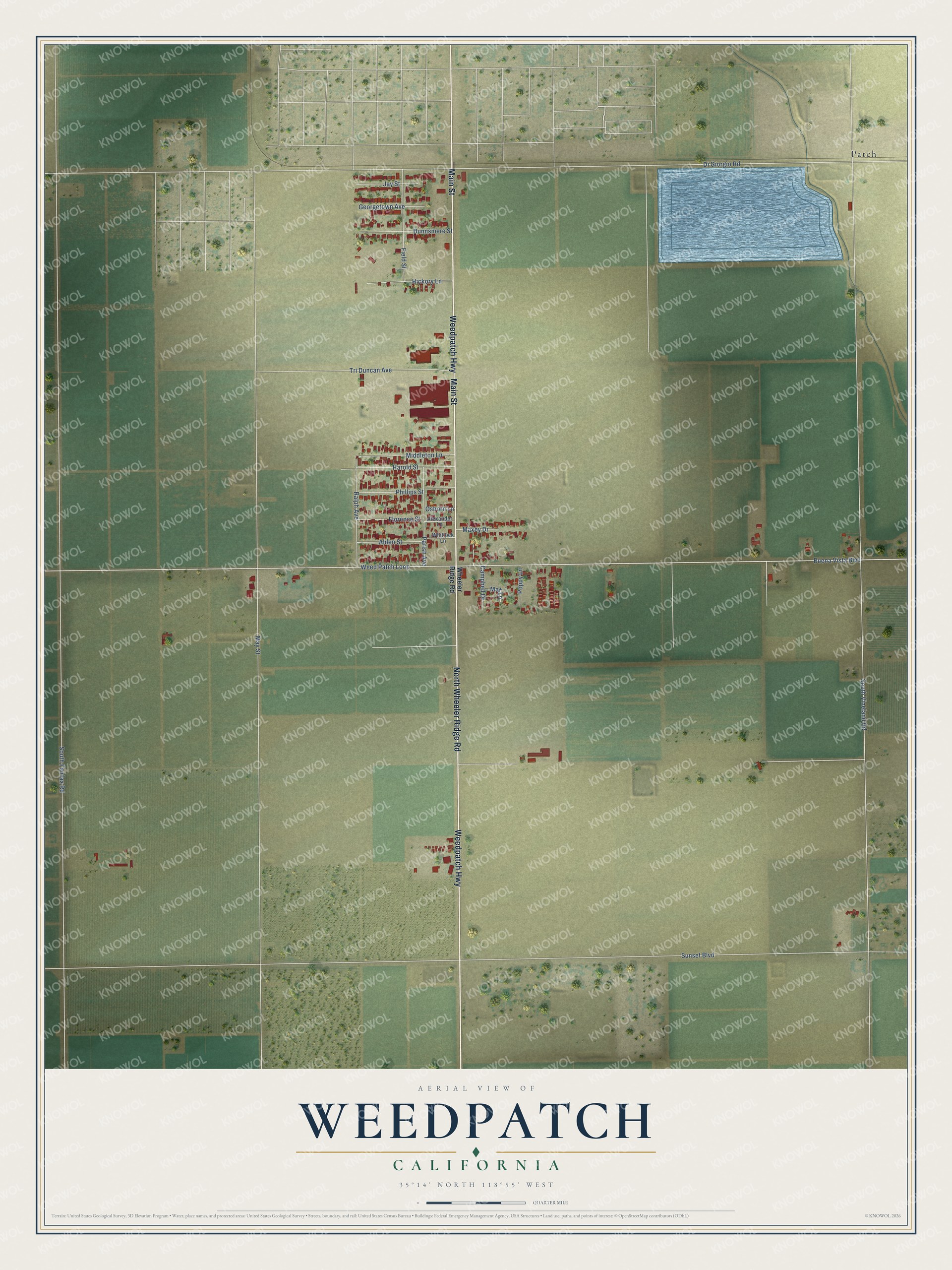 Full map of Weedpatch, California, with red buildings, printed street names and the land around them
