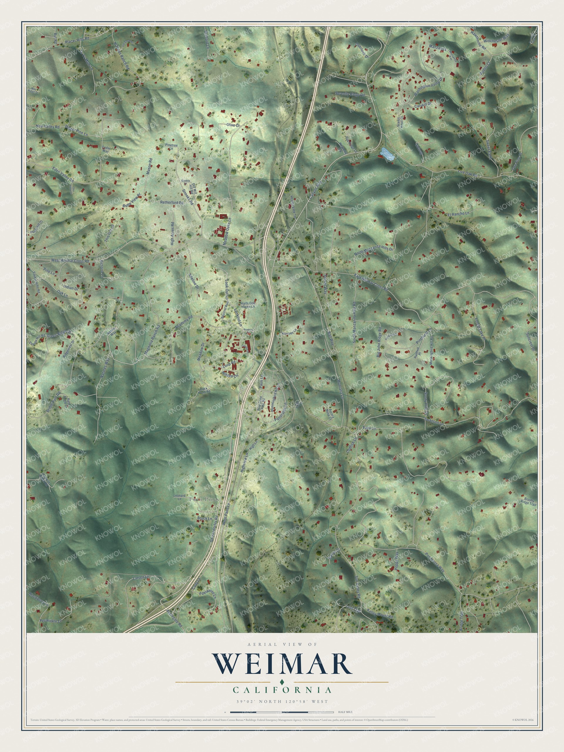 Full map of Weimar, California, with red buildings, printed street names and the land around them
